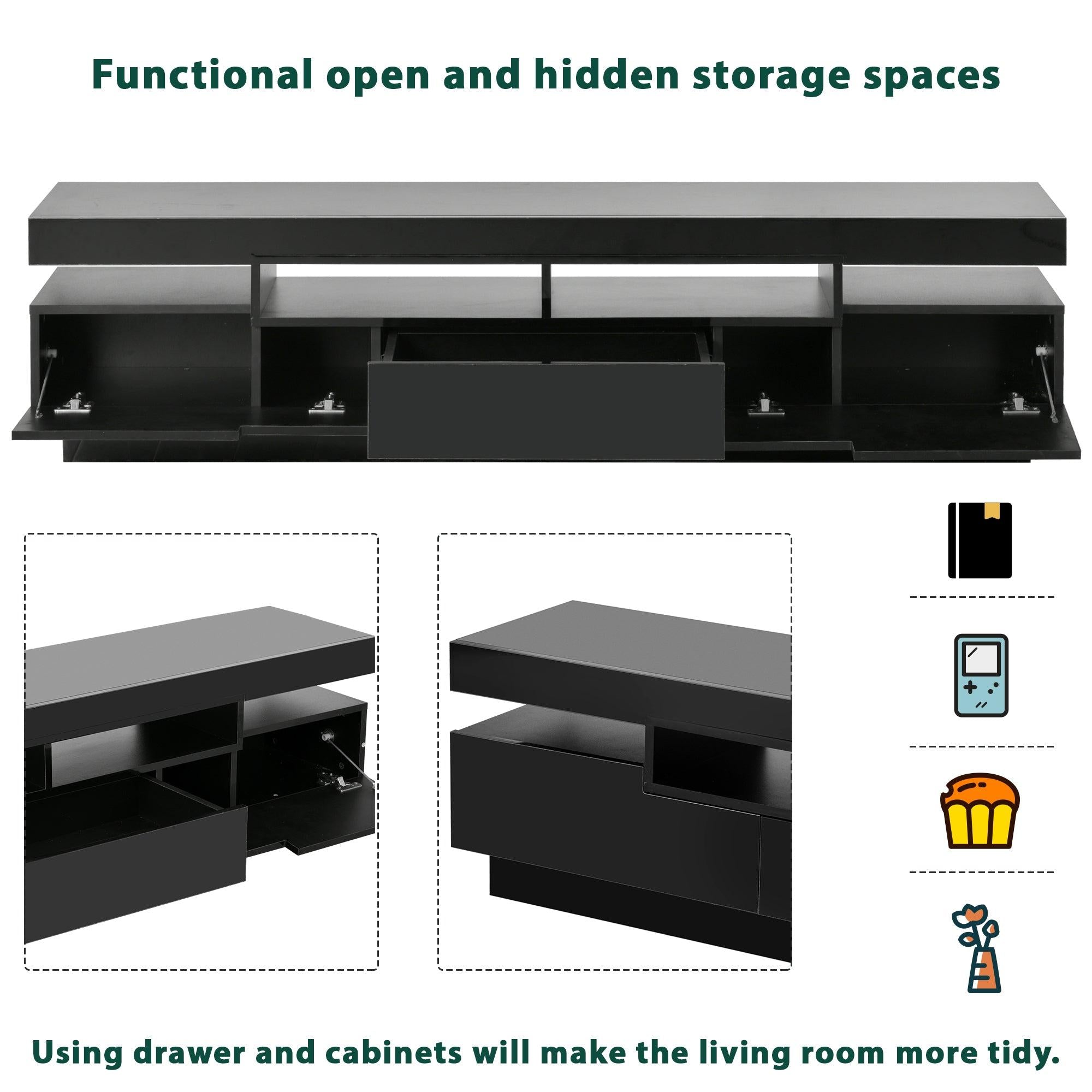 TV Stand with 4 Open Shelves,Modern High Gloss Entertainment Center for 75 Inch TV, Universal TVStorage Cabinet with 16-color RGB LED Color Changing Lights, Black