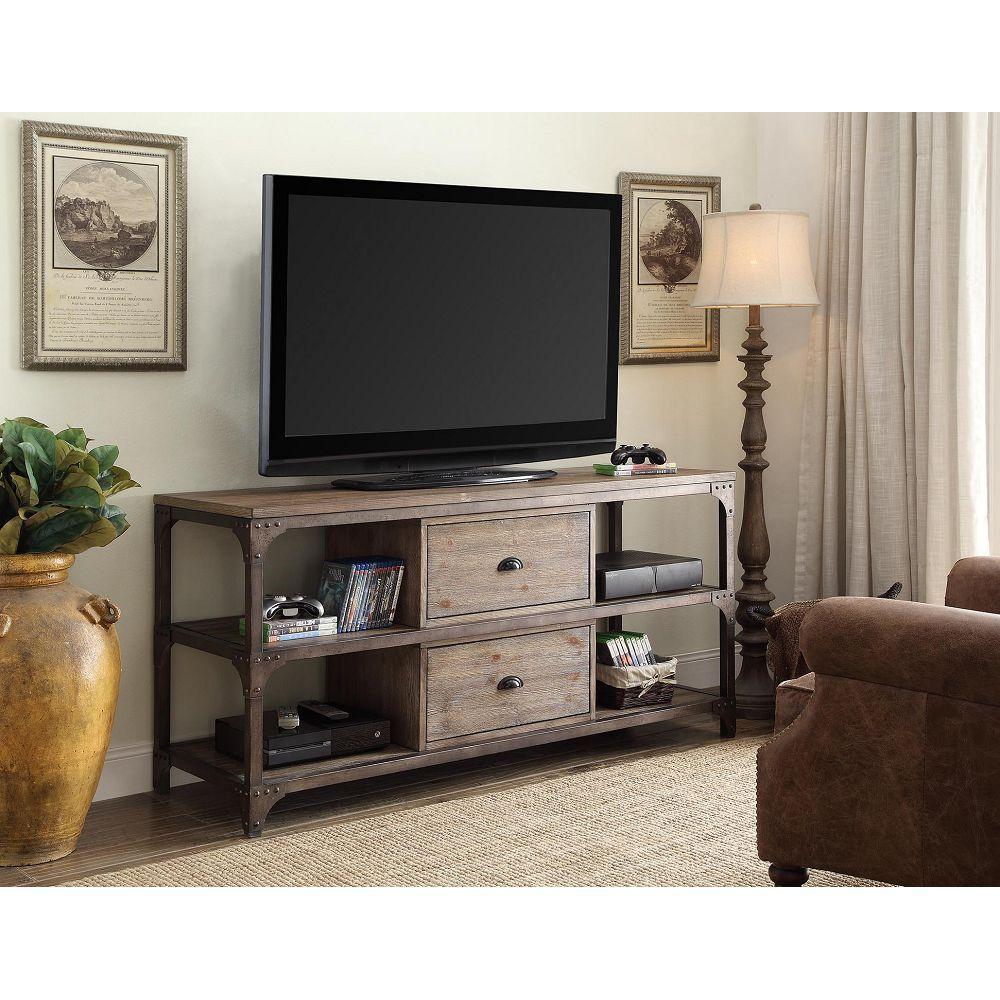 ACME Gorden TV Stand in Weathered Oak & Antique Silver 91504 image