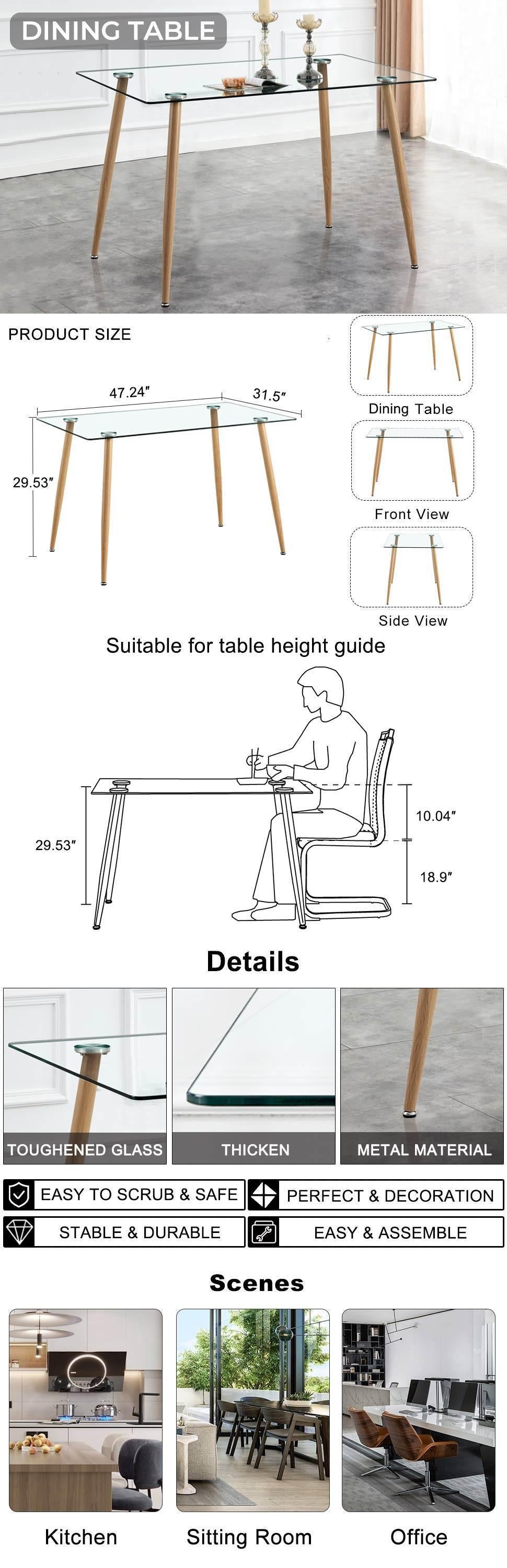 Modern Minimalist Rectangular Glass Dining Table for 4-6 with 0.31" Tempered Glass Tabletop and Wood color Coating Metal Legs, Writing Table Desk, for Kitchen Dining Living Room, 47" W x 31"D x 30" H