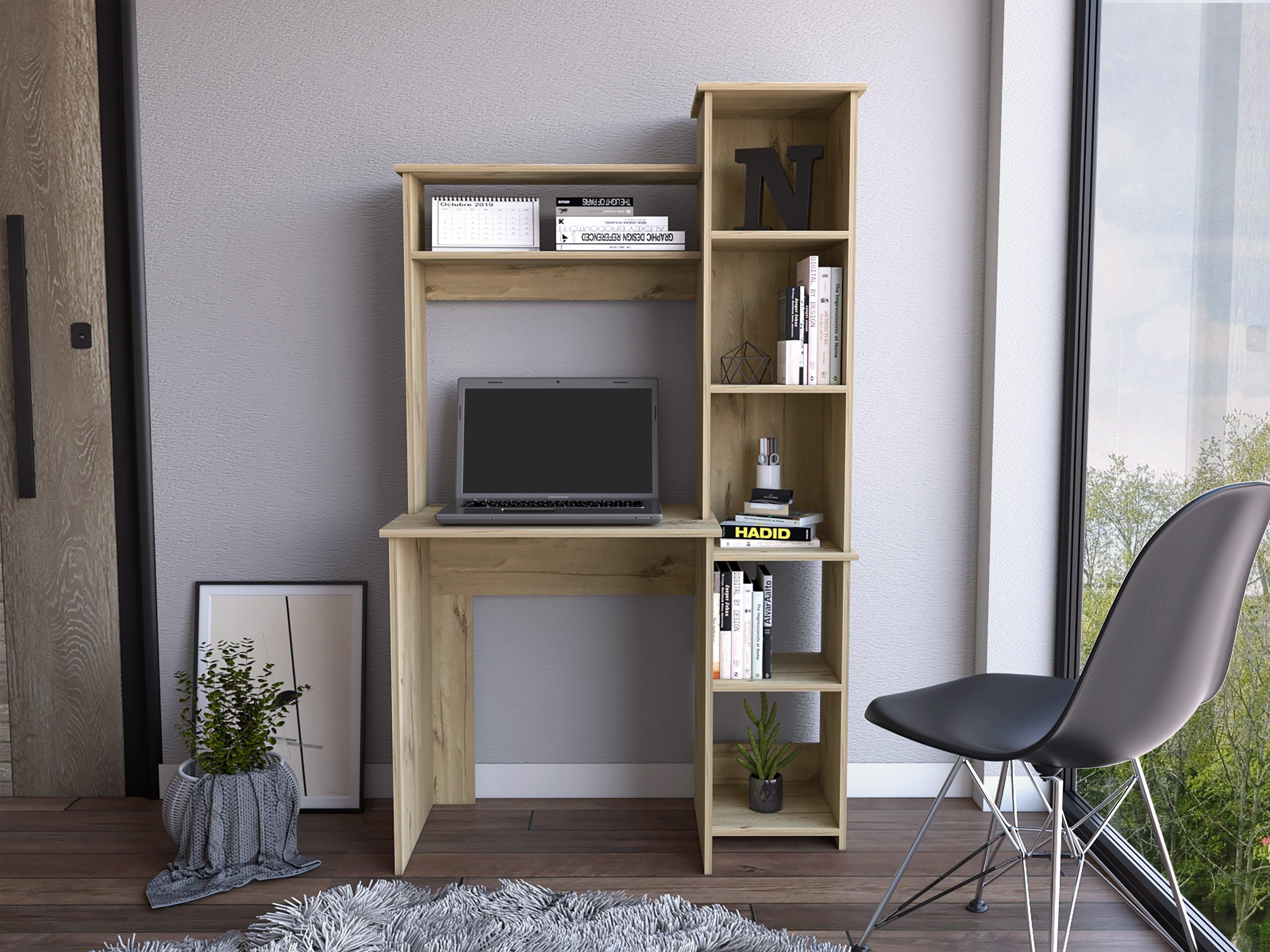 Marston 6-Shelf Writing Desk with Built-in Bookcase Light Oak image