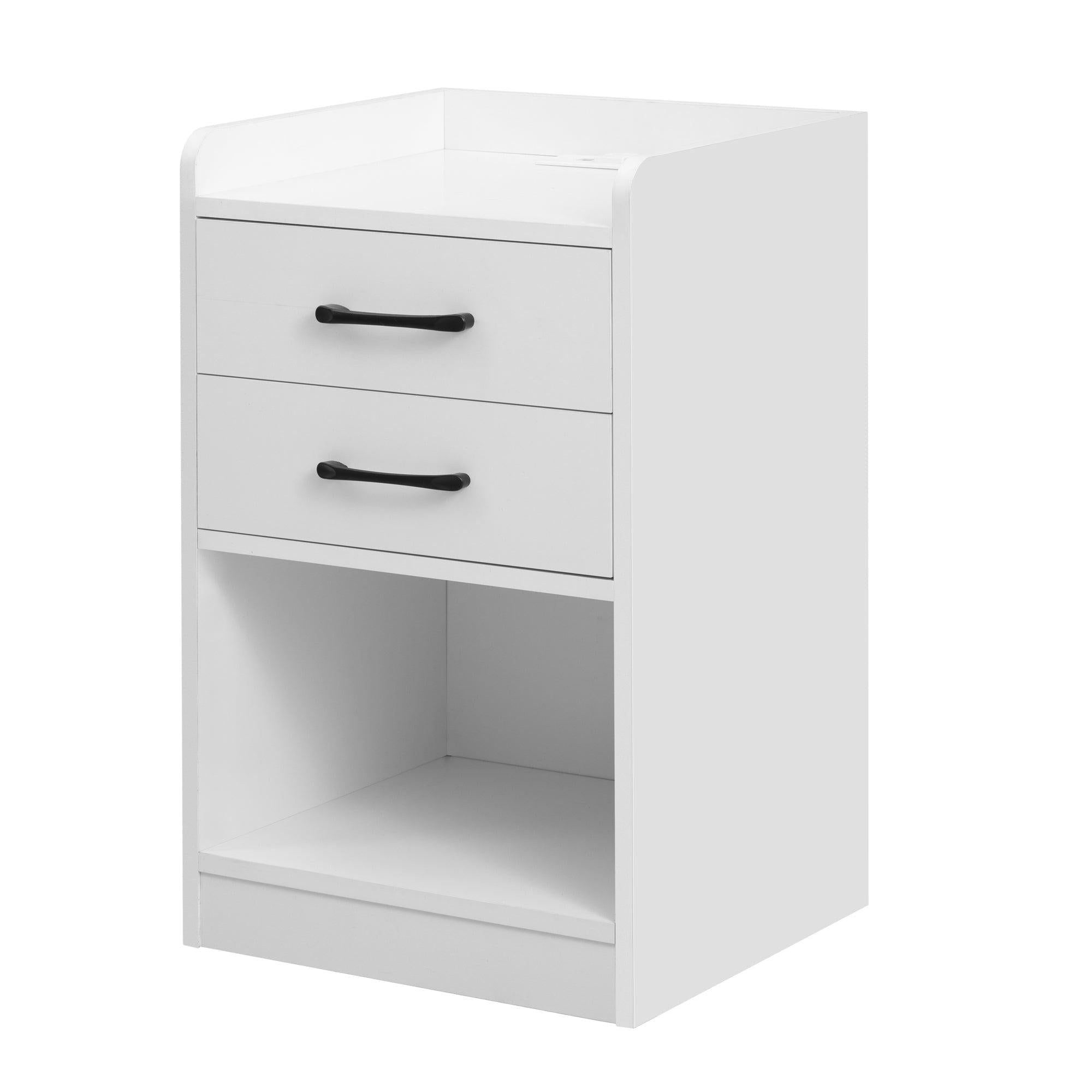 Nightstand with 2 Drawers and Cabinet,USB Charging Ports,Wireless Charging and Remote Control LED Light-White