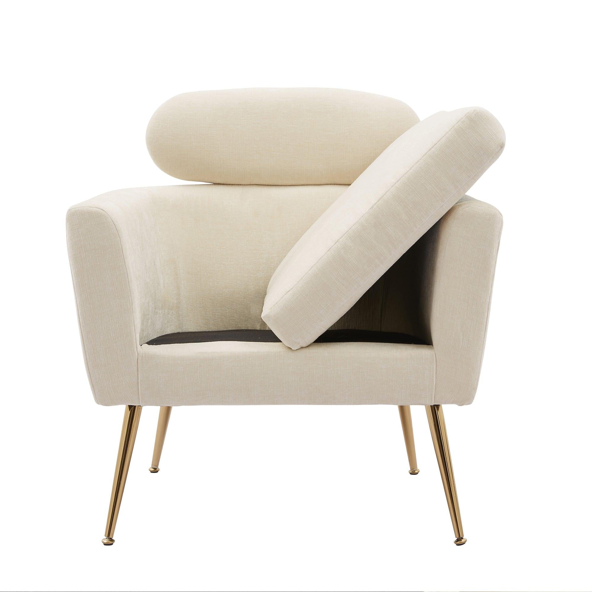 29.5"WModern Chenille Accent Chair Armchair Upholstered Reading Chair Single Sofa Leisure Club Chair with Gold Metal Leg and Throw Pillow for Living Room Bedroom Dorm Room Office, Beige Chenille