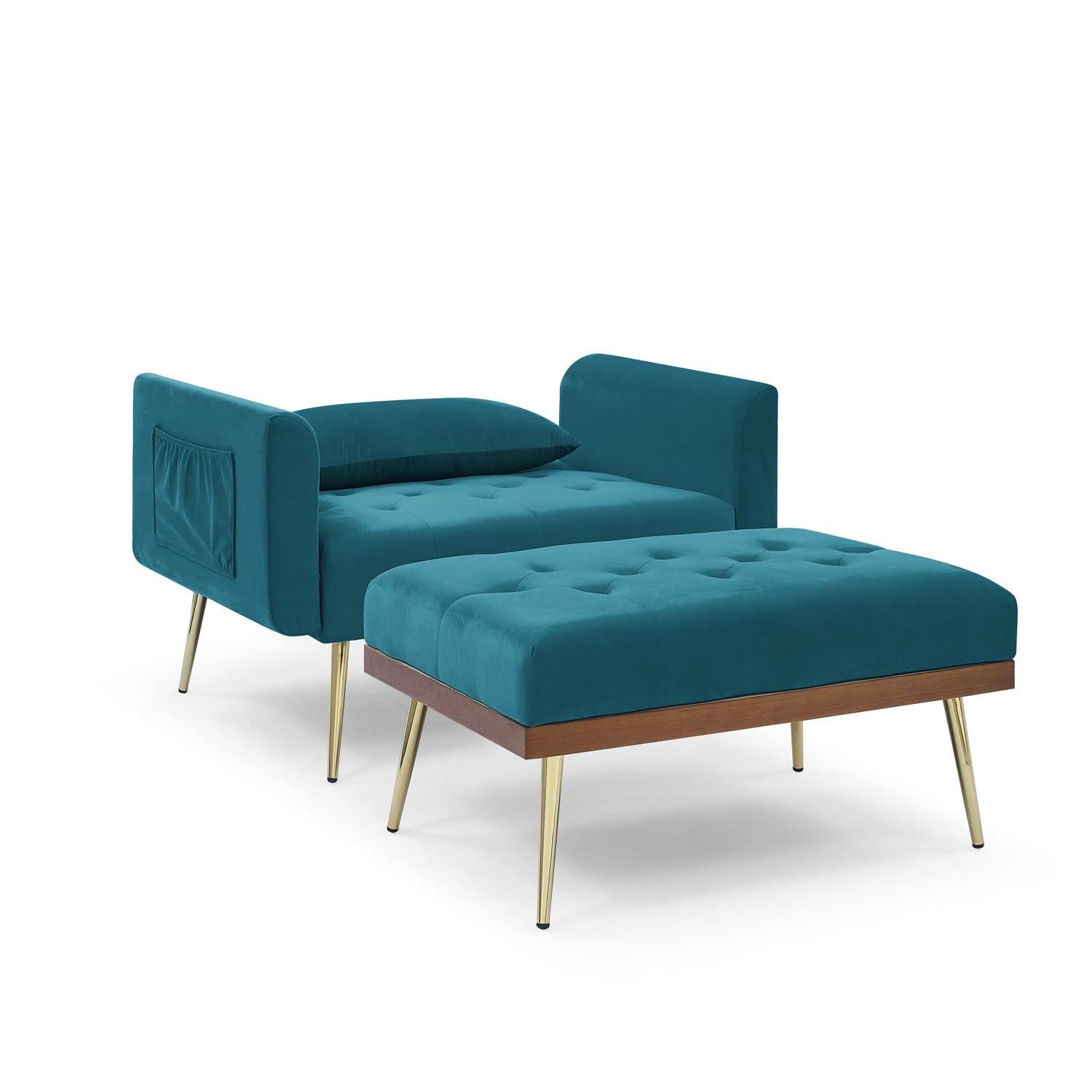 Recline Sofa Chair with Ottoman, Two Arm Pocket and Wood Frame include 1 Pillow, Teal (40.5”x33”x32”)