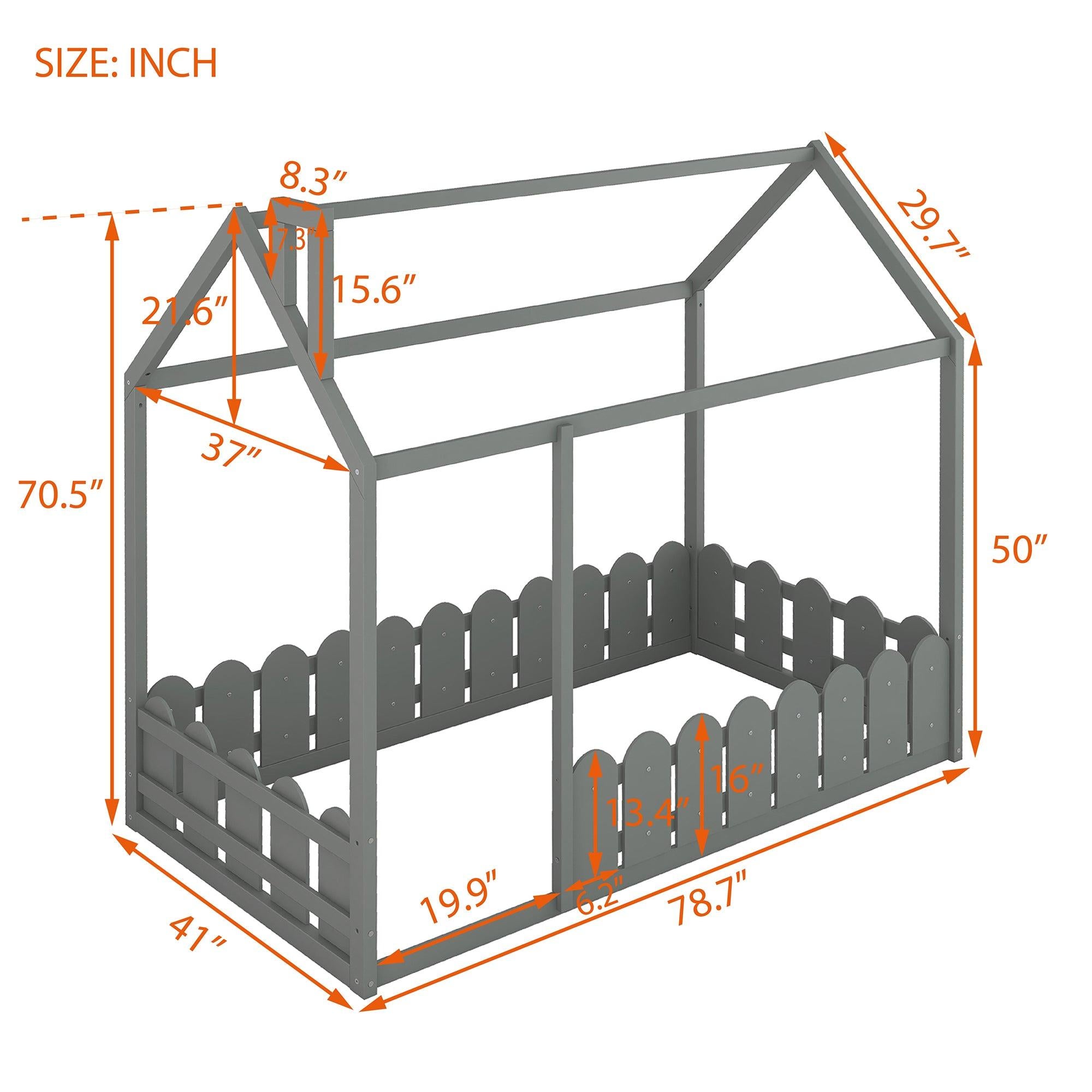 Twin Size Wood Bed House Bed Frame with Fence, for Kids, Teens, Girls, Boys (Gray