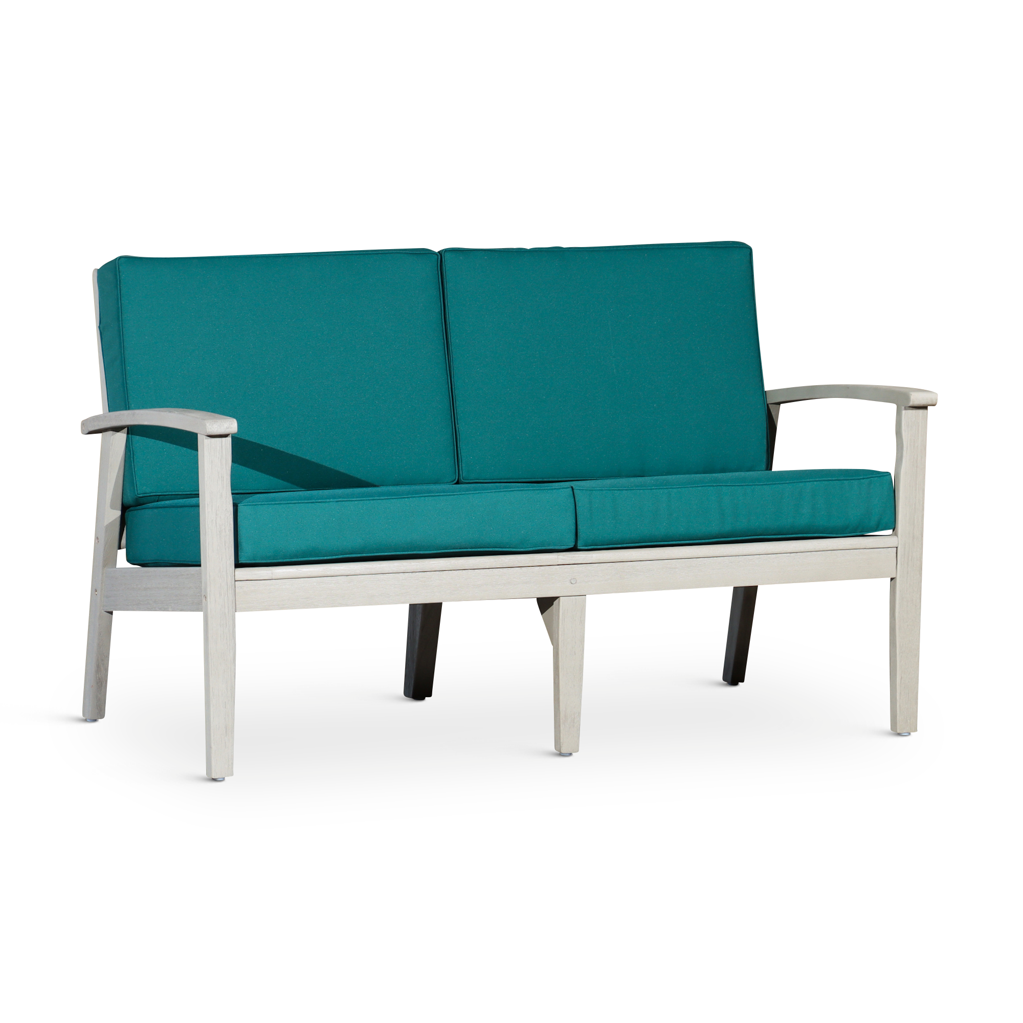 Eucalyptus Loveseat with Cushions, Driftwood Gray Finish, Dark Green Cushions image