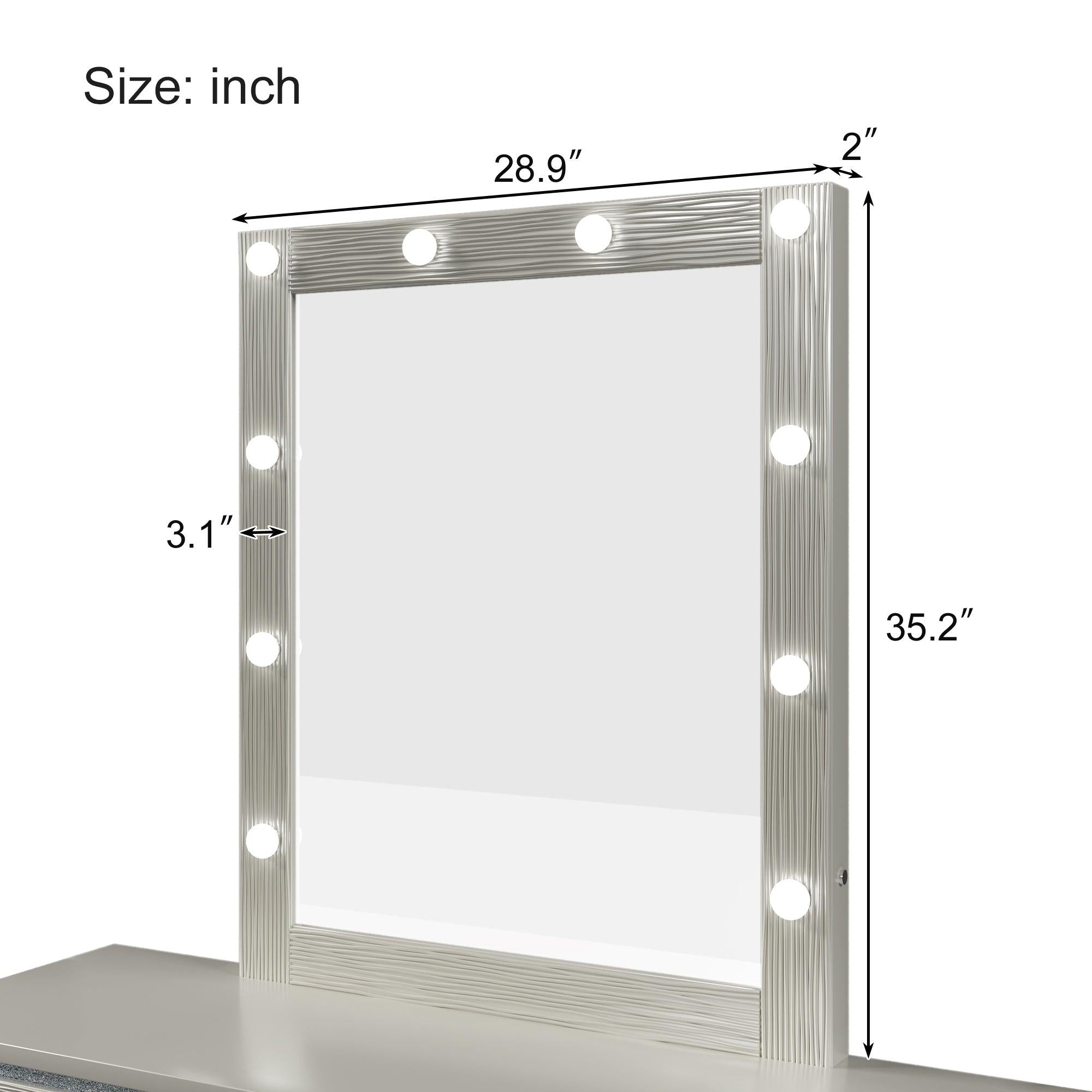 Champagne Silver Rubber Wood Dresser & Mirror with 6 Drawers Metal Slides Crystal Handle LED Lights Mirror