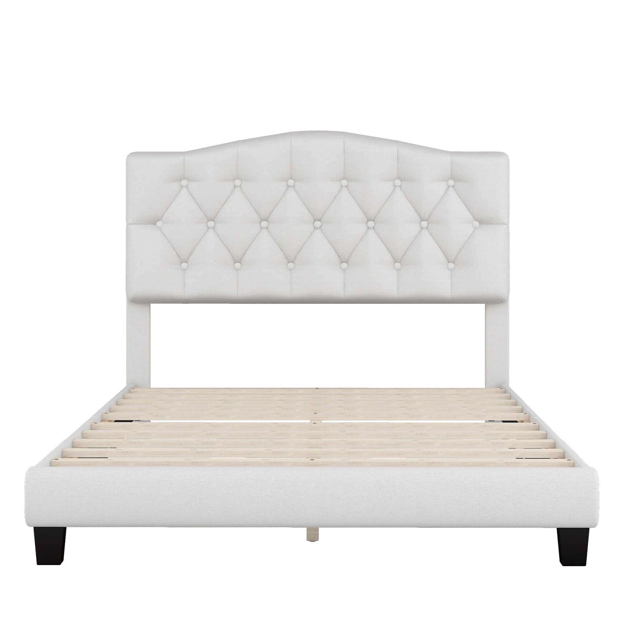 Upholstered Platform Bed with Saddle Curved Headboard and Diamond Tufted Details, Full, Beige