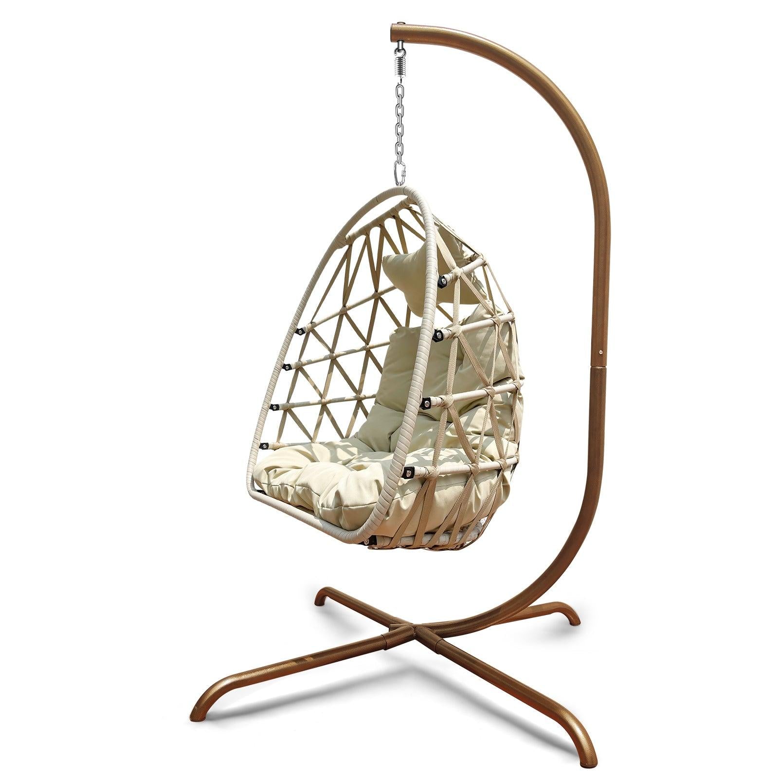 Swing Egg Chair with Stand Indoor Outdoor Wicker Rattan Patio Basket Hanging Chair with C Type bracket , with cushion and pillow,Patio Wicker folding Hanging Chair