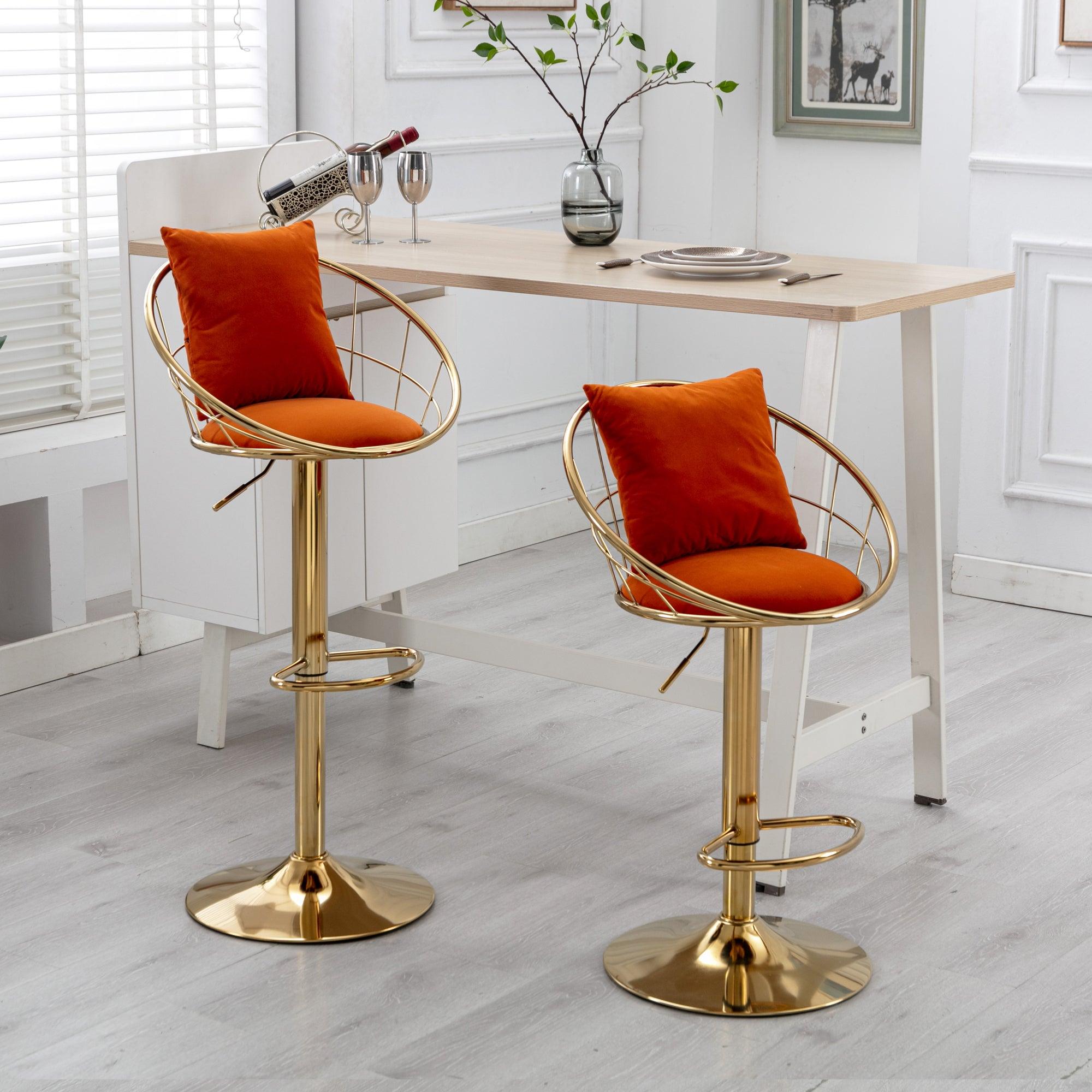 Orange velvet bar chair, pure gold plated, unique design，360 degree rotation, adjustable height，Suitable for dinning room and bar，set of 2