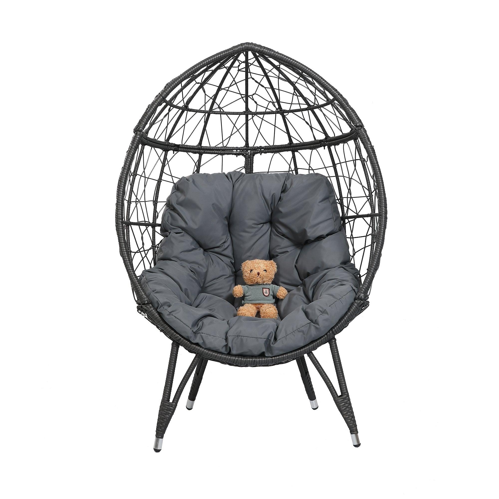 Outdoor Patio Wicker Egg Chair Indoor Basket Wicker Chair with Grey Cusion for Backyard Poolside image