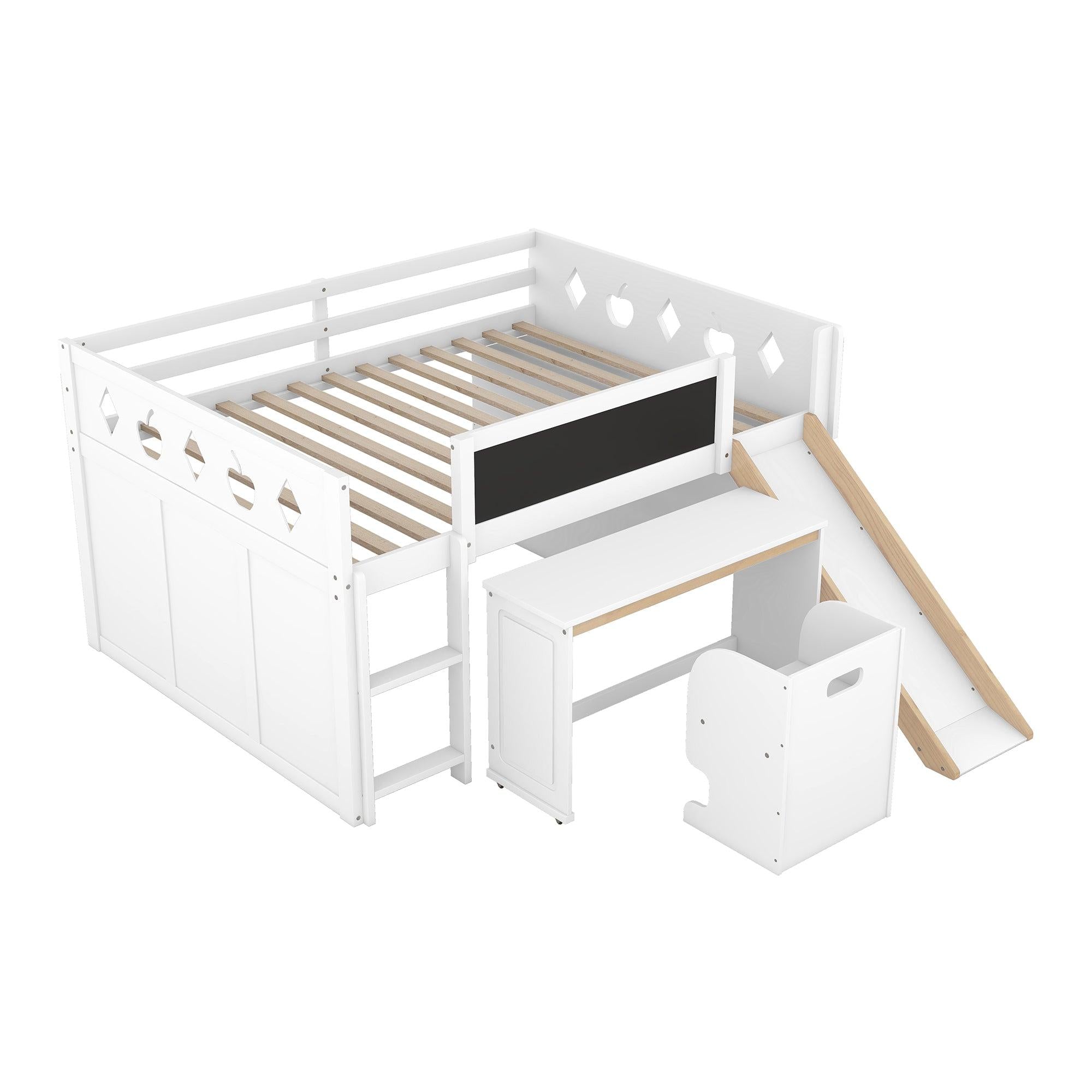 Wood Full Size Loft Bed with Slide, 4 Cabinets, Blackboard, Desk and Chair, White