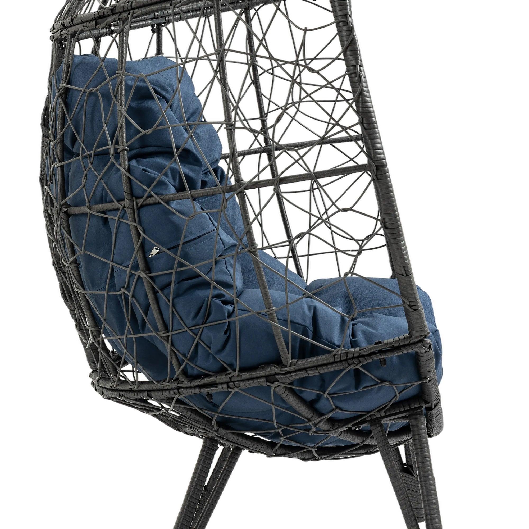 Outdoor Patio Wicker Egg Chair Indoor Basket Wicker Chair with Navy Cusion for Backyard Poolside