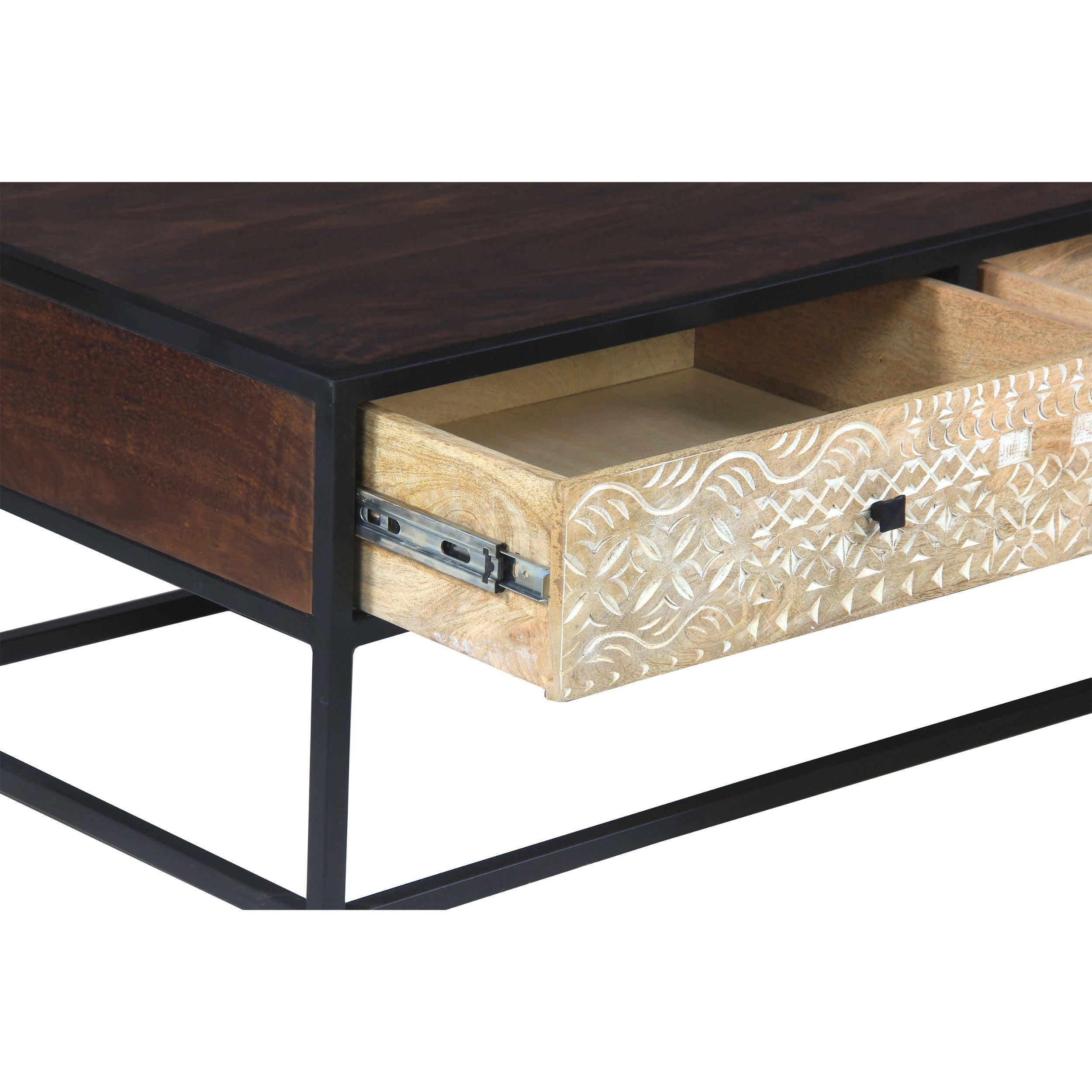 45 Inch Carson Rectangular ManWood Coffee Table with Metal Frame and 2 Drawers, Brown and Black