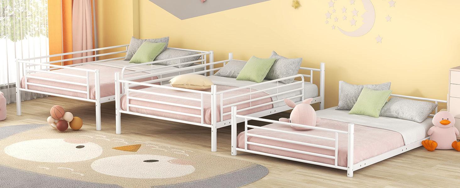 Full-Full-Full Metal  Triple Bed  with Built-in Ladder, Divided into Three Separate Beds,White