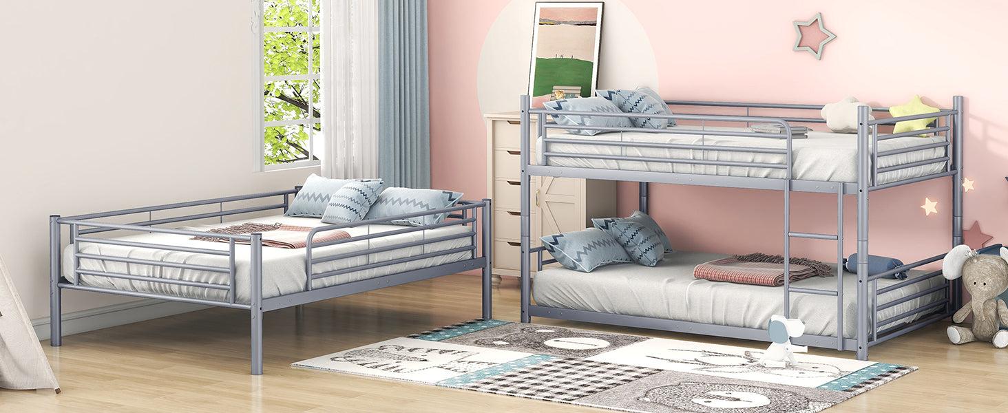 Full-Full-Full Metal  Triple Bed  with Built-in Ladder, Divided into Three Separate Beds,Gray