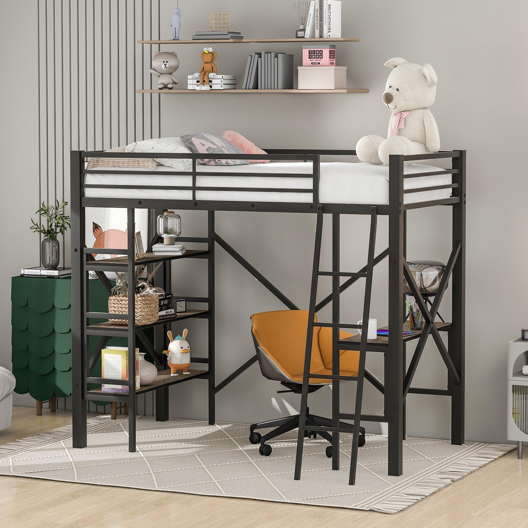 Twin Size Metal Loft Bed with Shelves and Desk, Black+B67564 image