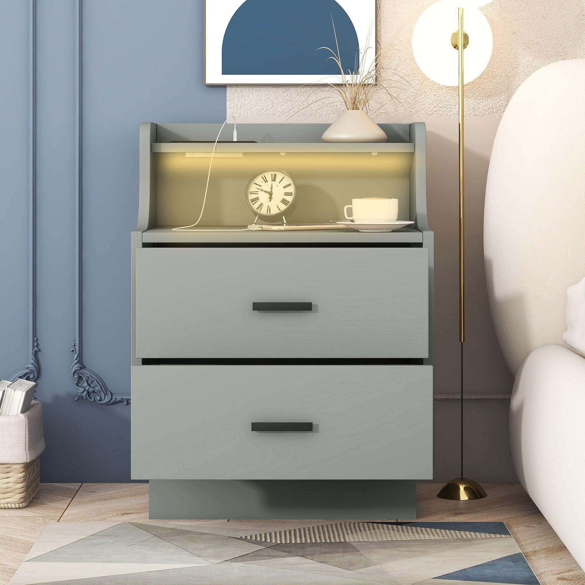 Multifunctional Nightstand with 2 Drawers, Shelf with USB Charging Design, Color-Changing LED, Gray