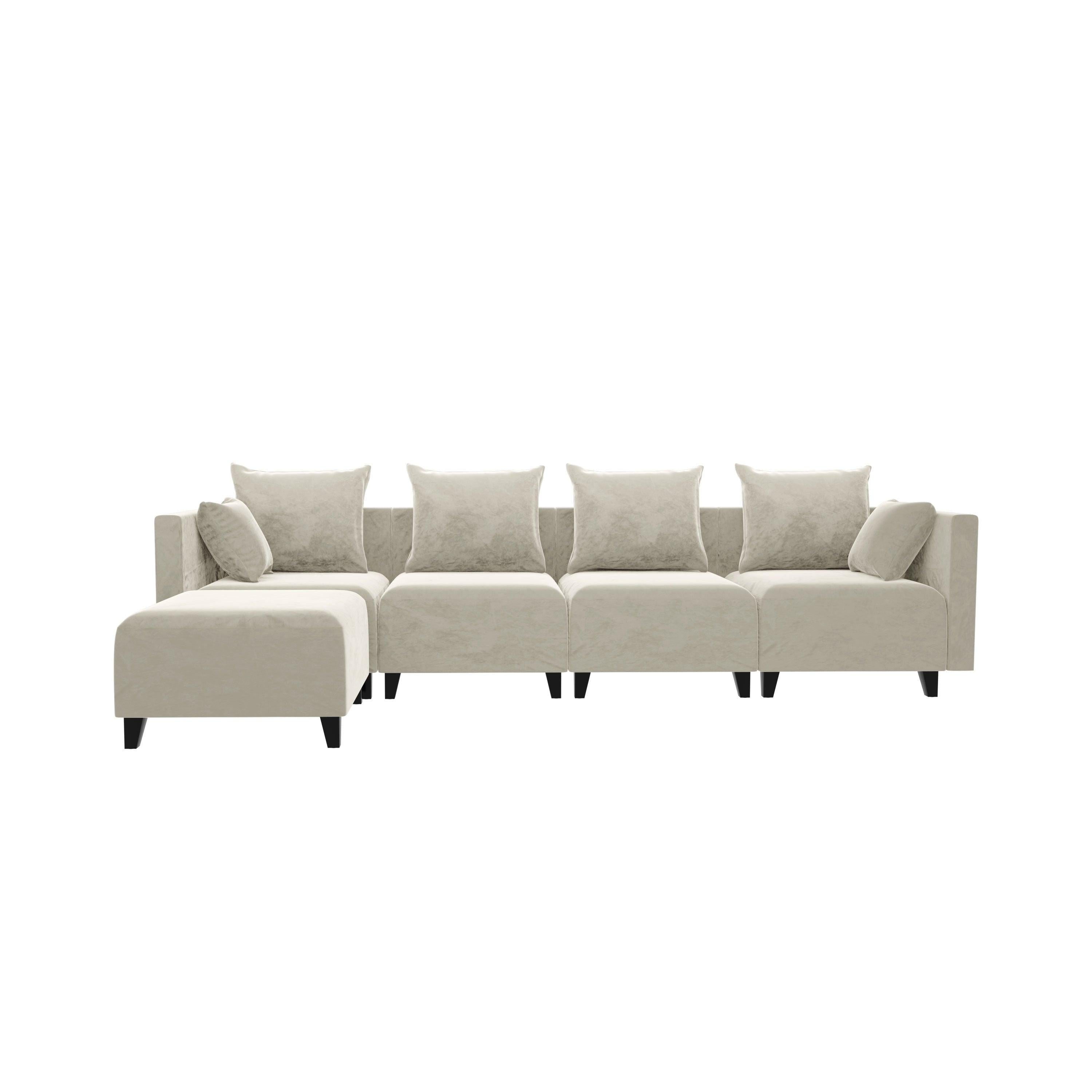 Sectional Sofa L shape Velvet Square Arm Sofa with 6 Pillows for Living Room, Beige with Black Foot