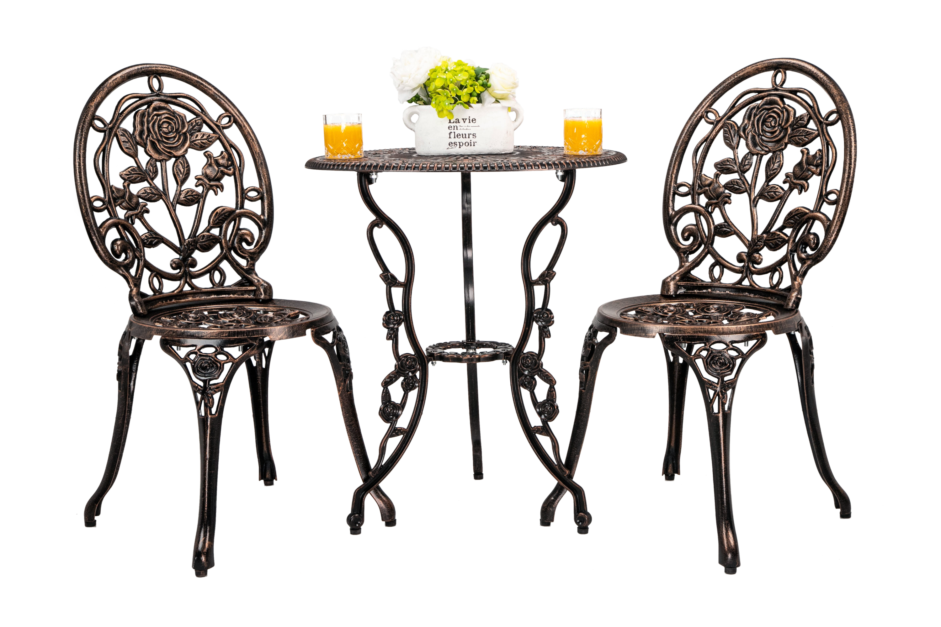 Bistro Table Set, Antique Bronze Rose 3 Piece, Outdoor Patio Table and Chairs Furniture, Durable Rust Weather Resistance，Rose Bronze image