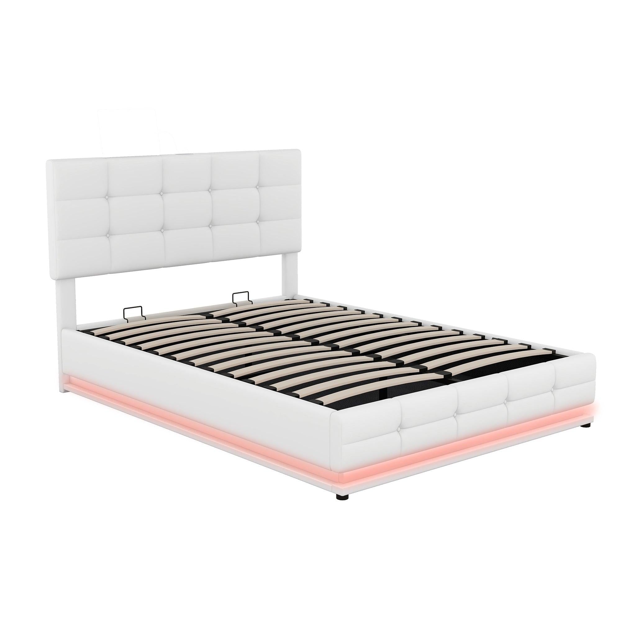 Full Size Tufted Upholstered Platform Bed with HydraulicStorage System,PUStorage Bed with LED Lights and USB charger, White