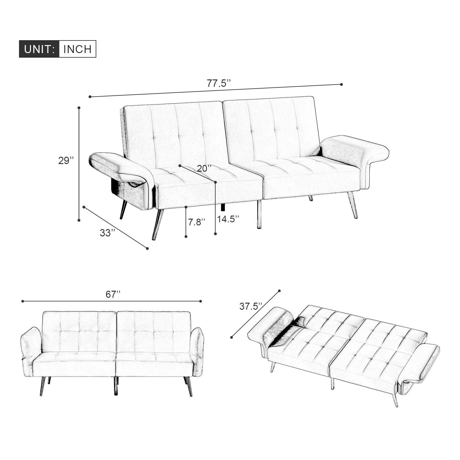 78" Italian Velvet Futon Sofa Bed, Convertible Sleeper Loveseat Couch with Folded Armrests andStorage Bags for Living Room and Small Space, Beige 280g velvet