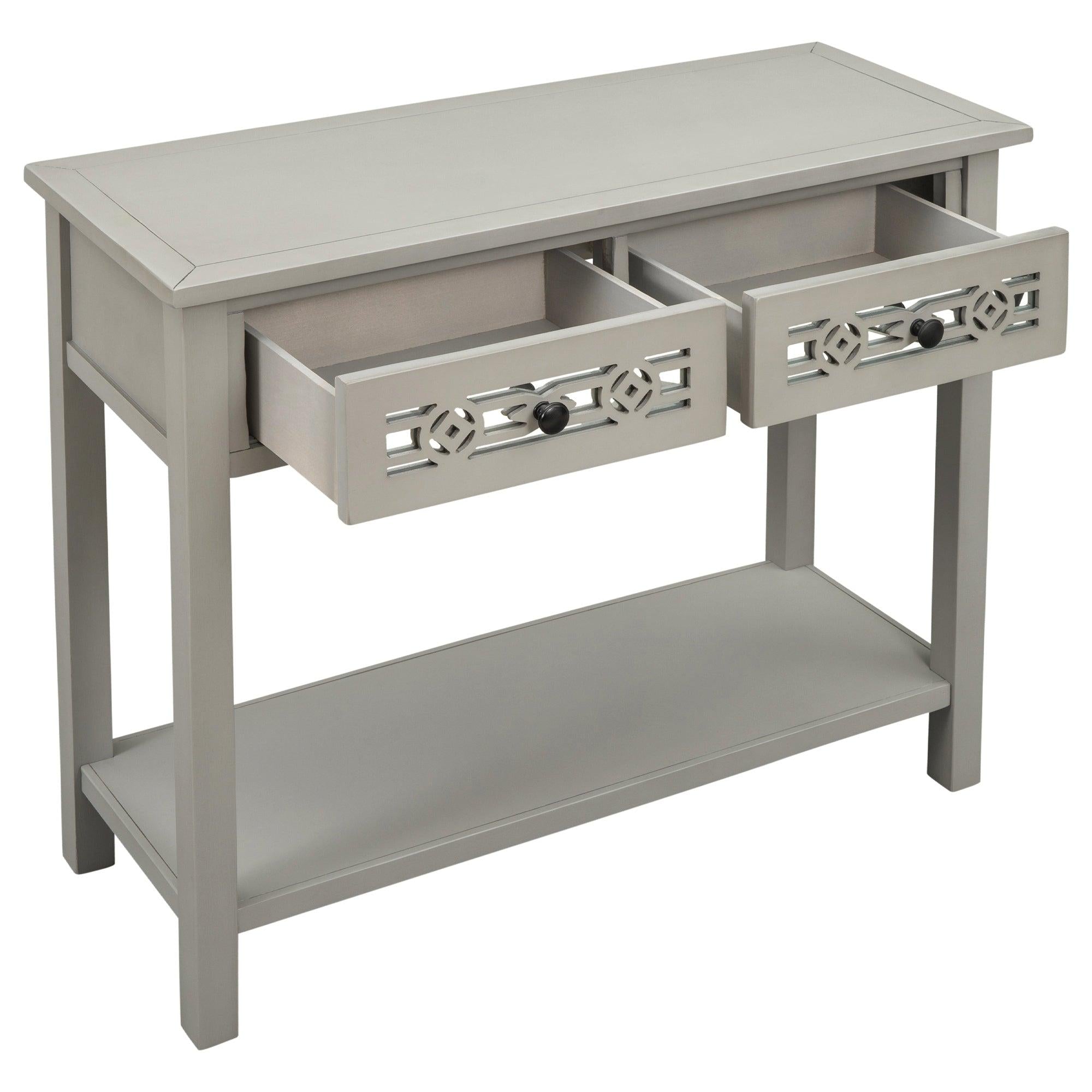 Classic Console Table with Hollow-out Decoration Two Top Drawers and Open Shelf LargeStorage Space (Silver)