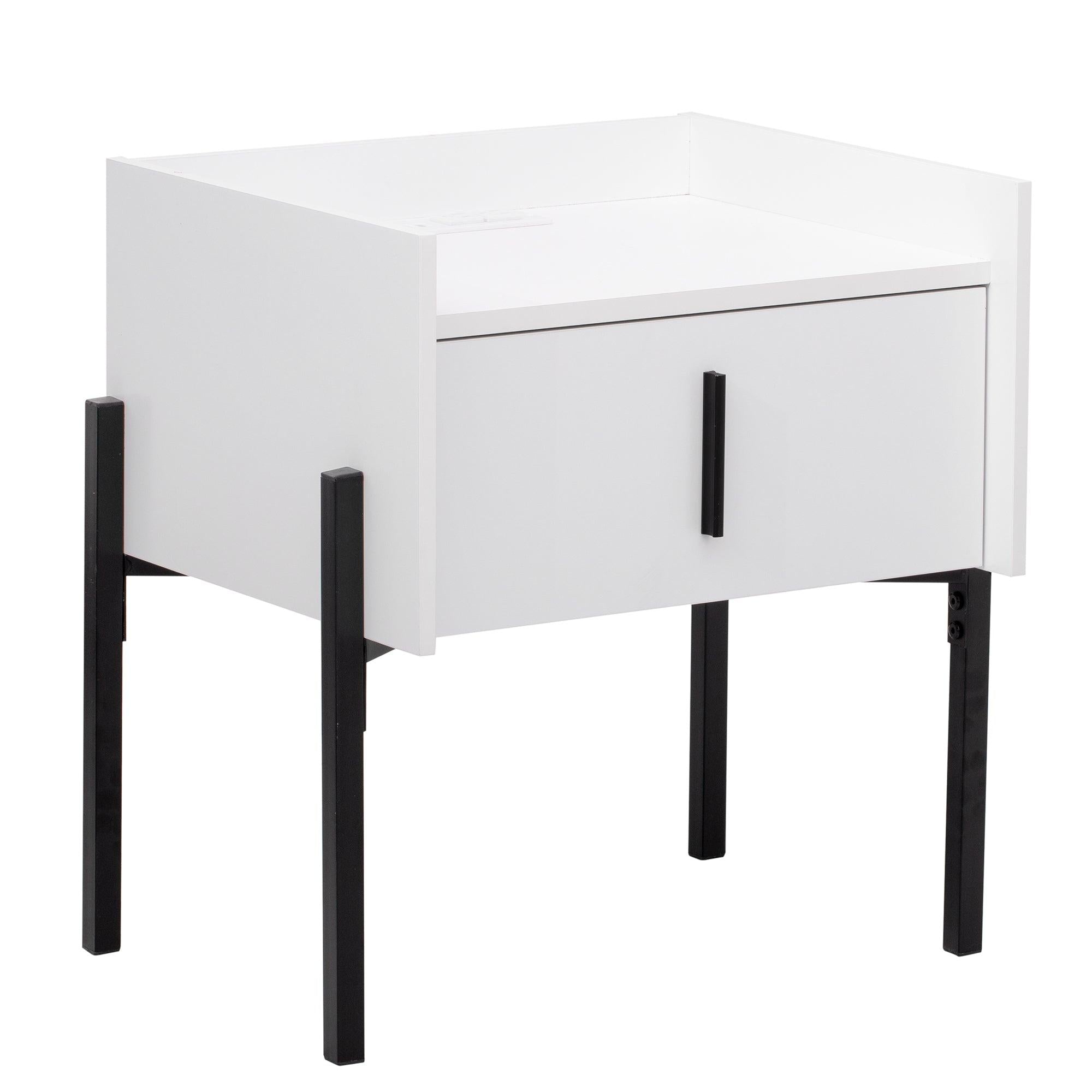 Nightstand with Drawer ,Storage Bedside Table with USB Charging Ports- White