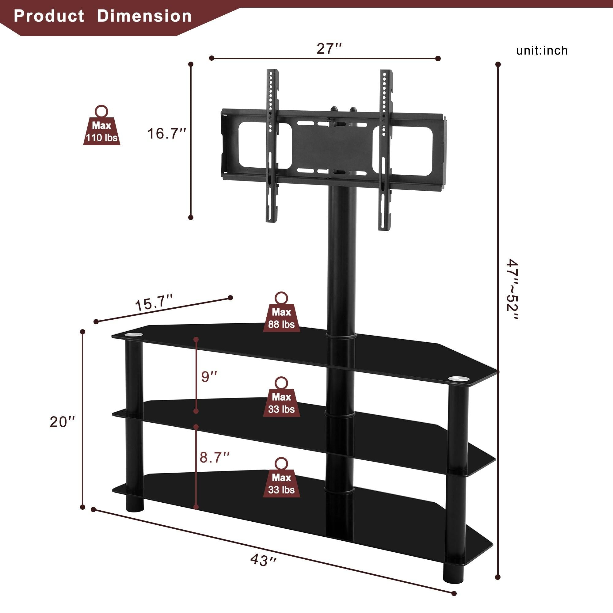 Black Multi-function TV Stand Height Adjustable Bracket Swivel 3-Tier