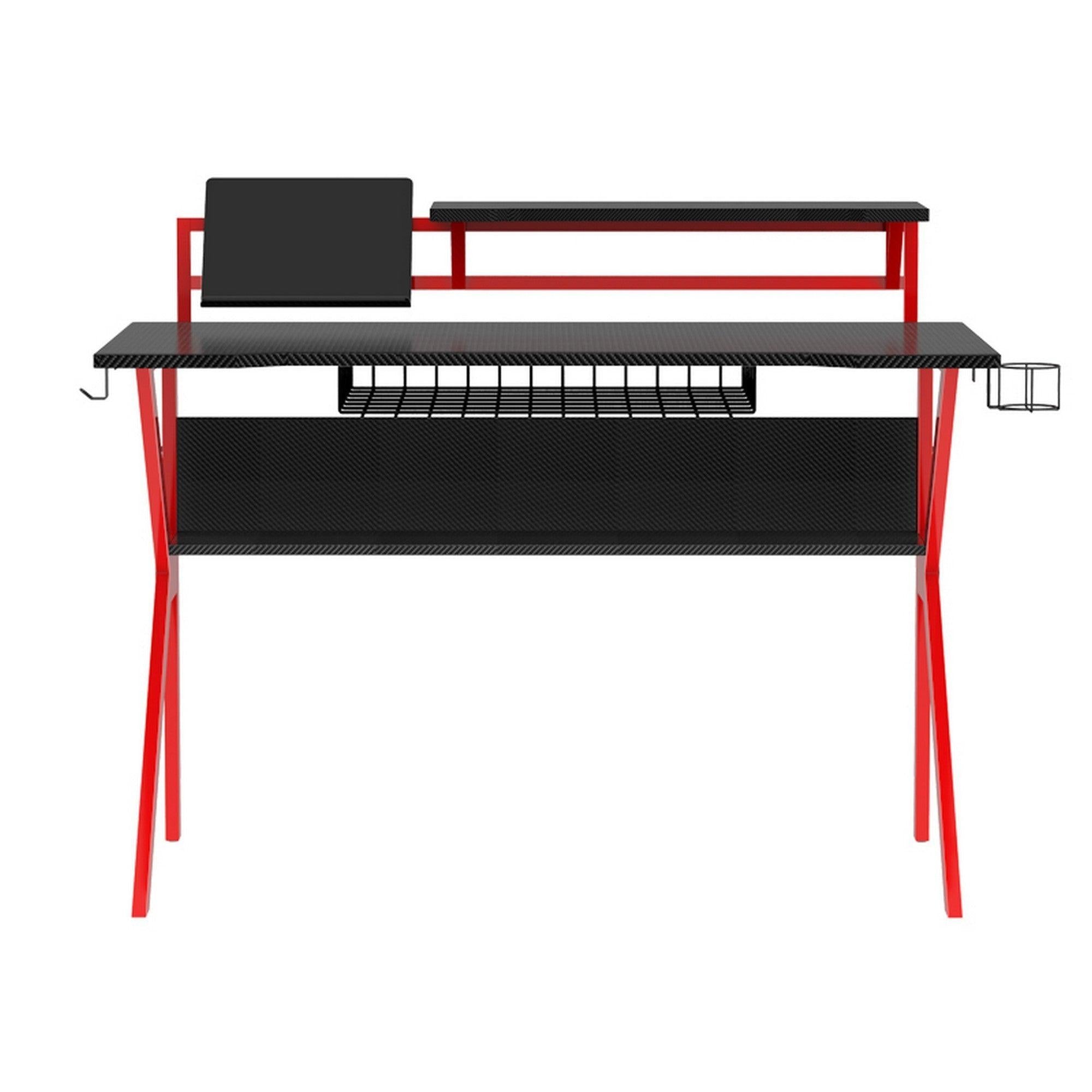 PVC Coated Ergonomic Metal Frame Gaming Desk, Black and Red