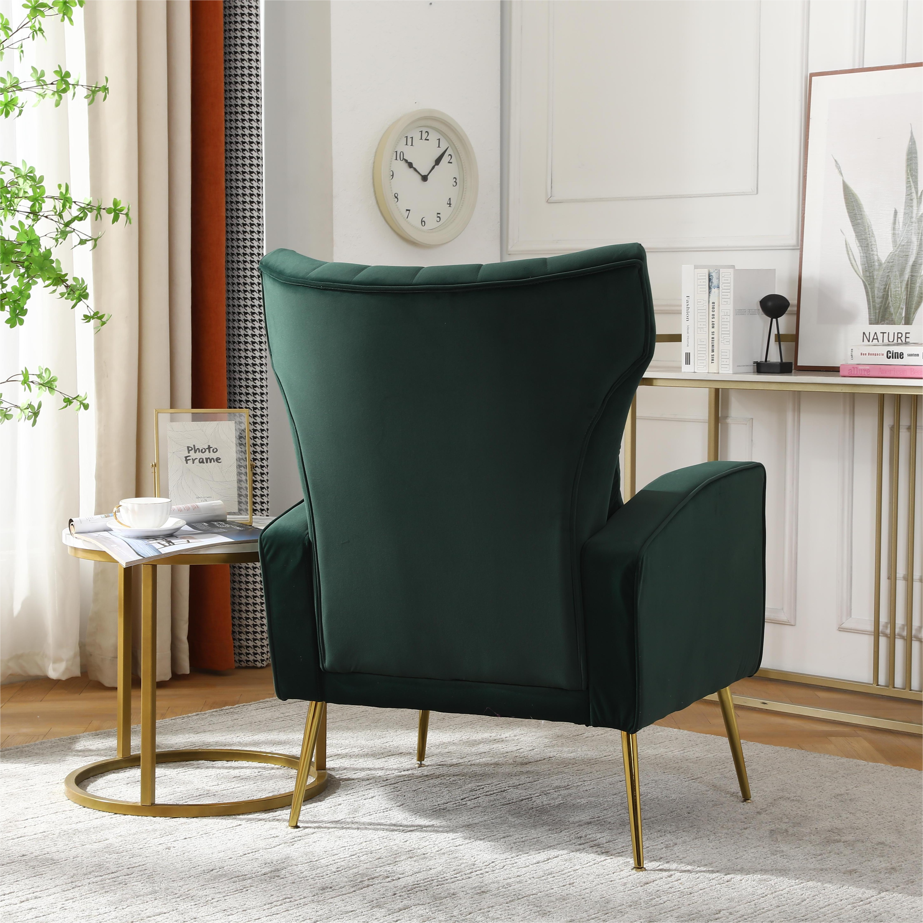 Velvet Accent Chair,Modern Living Room Armchair Comfy Upholstered Single Sofa Chair for Bedroom Dorms Reading Reception Room with Gold Legs & Small Pillow, Dark Green