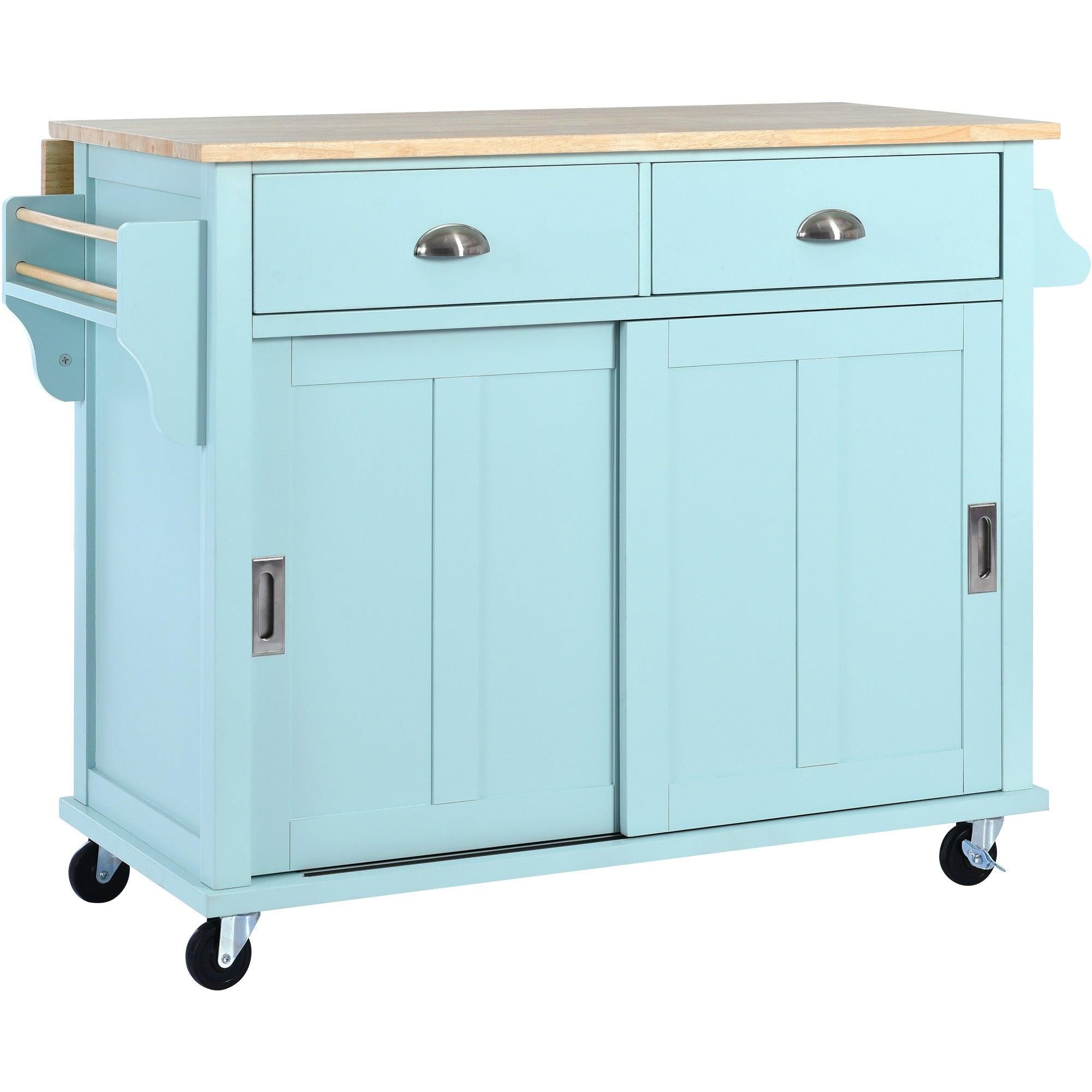 Kitchen Cart with Rubber wood Drop-Leaf Countertop, Concealed sliding barn door adjustable height,Kitchen Island on 4 Wheels withStorage Cabinet and 2 Drawers,L52.2xW30.5xH36.6 inch, Mint Green