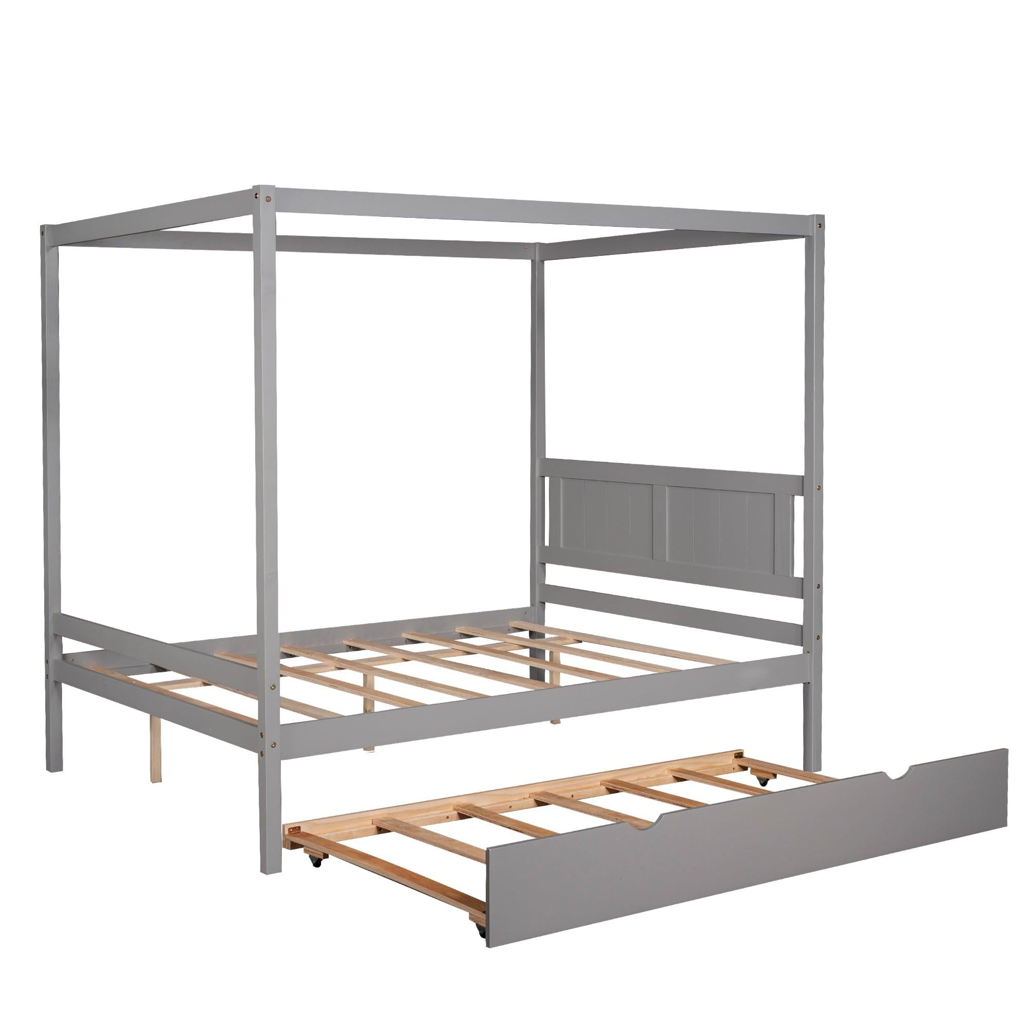 Full Size Canopy Platform Bed with Trundle,With Slat Support Leg,Gray