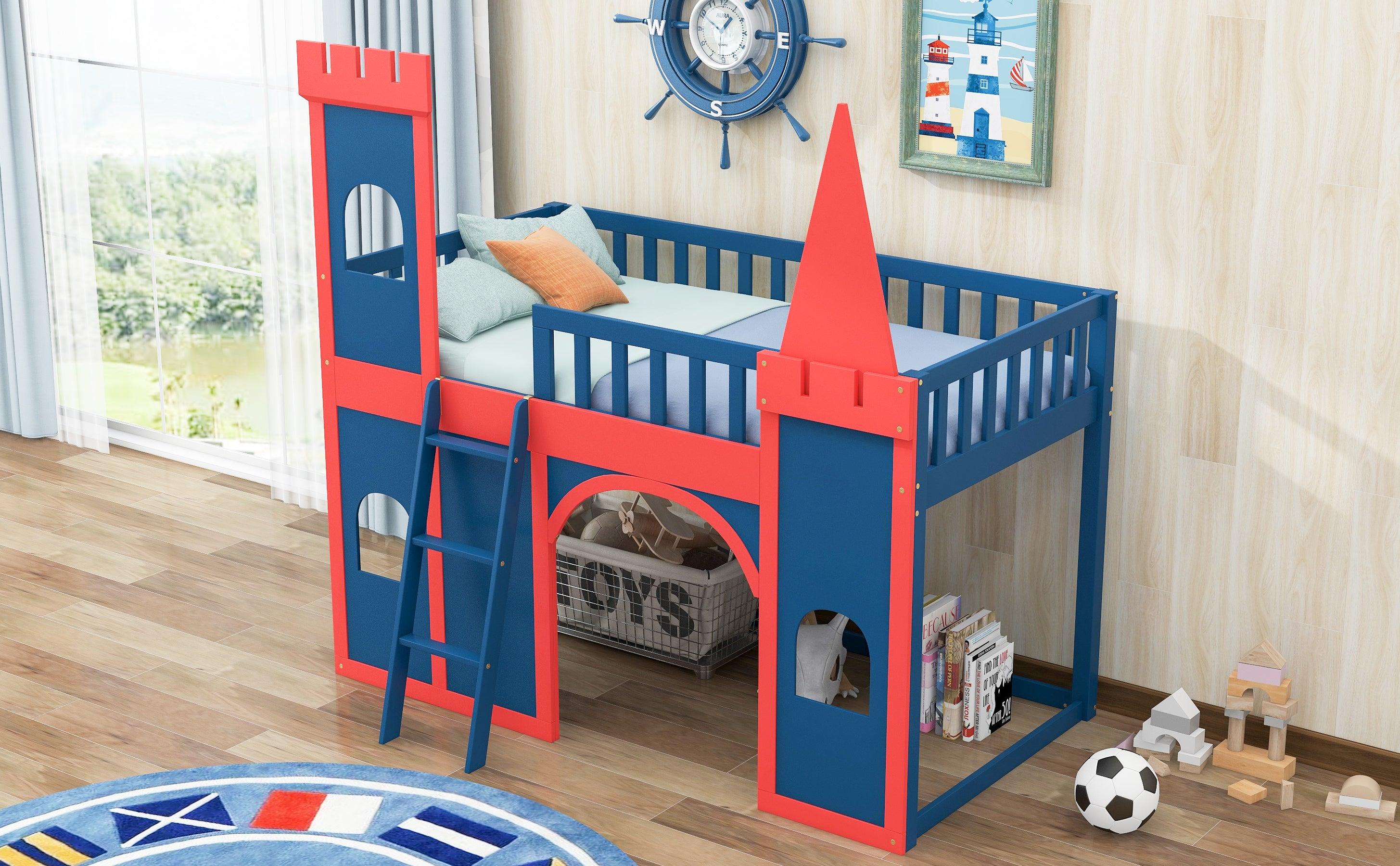 Twin Size Castle Shaped Loft Bed with UnderbedStorage Space,Red