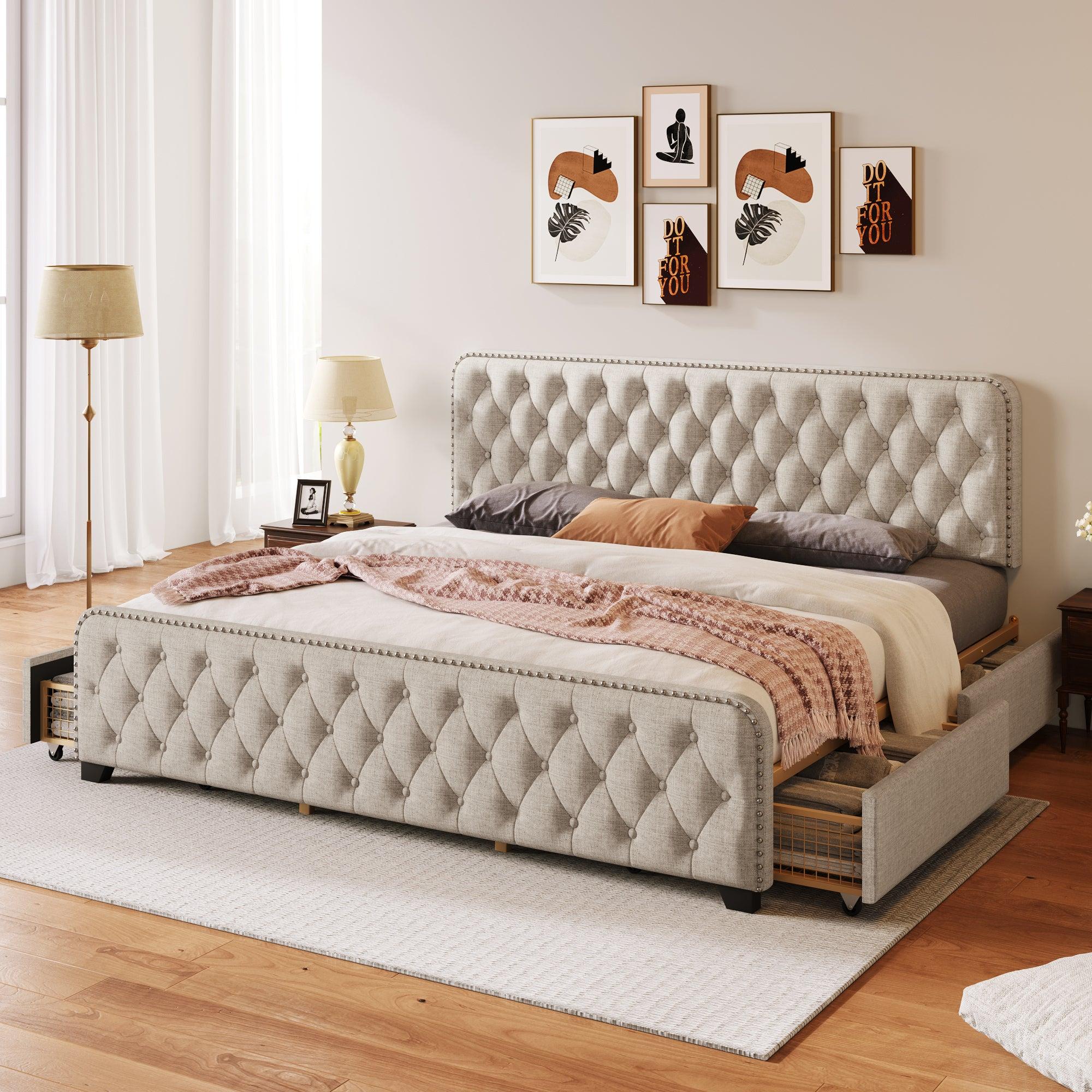 Upholstered Platform Bed Frame with Four Drawers, Button Tufted Headboard and Footboard Sturdy Metal Support, No Box Spring Required, Beige, King image