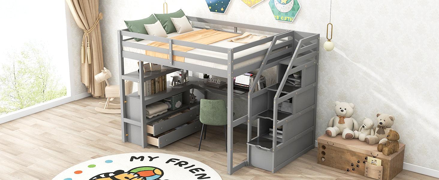 Full Size Loft Bed with Desk and Shelves, Two Built-in Drawers,Storage Staircase, Gray