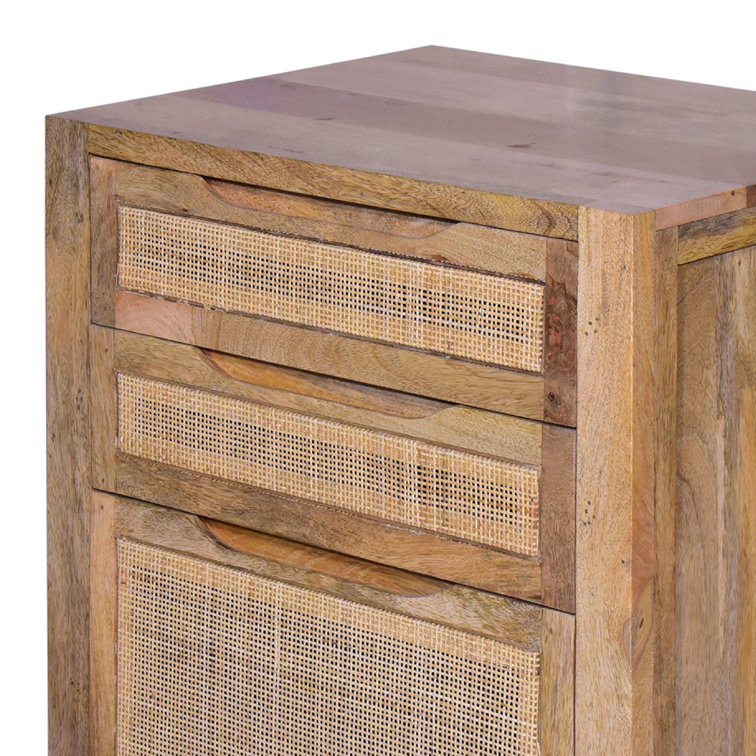 Ryan 31 Inch Cottage ManWoodStorage Cabinet Table, Cane Rattan Panels, 3 Drawers, Natural Brown