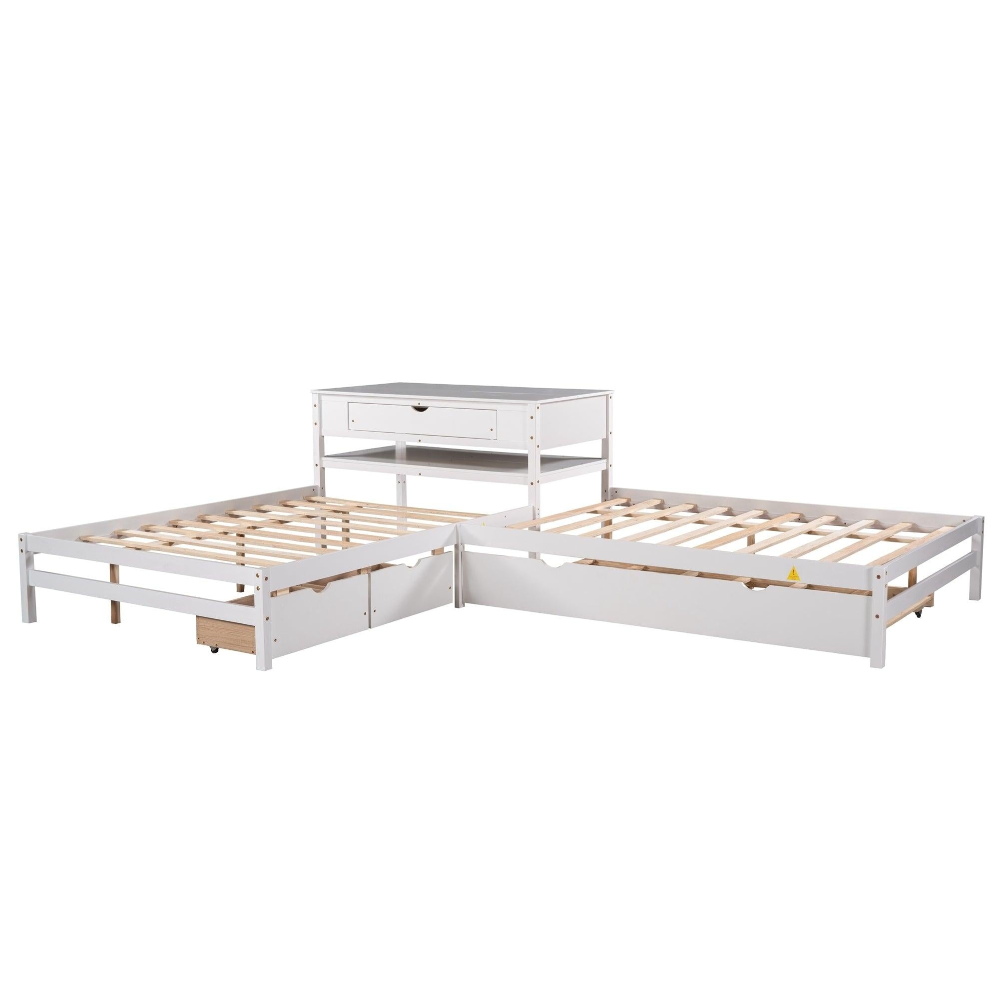 Full Size L-shaped Platform Beds with Twin Size Trundle and Drawers Linked with Built-in Rectangle Table,White