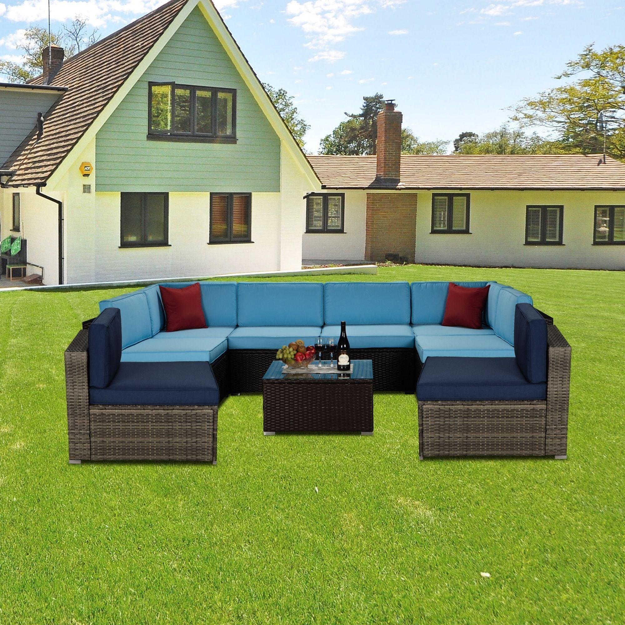 Outdoor Garden Patio Furniture 9-Piece Brown PE Rattan Wicker Sectional Blue Cushioned Sofa Sets