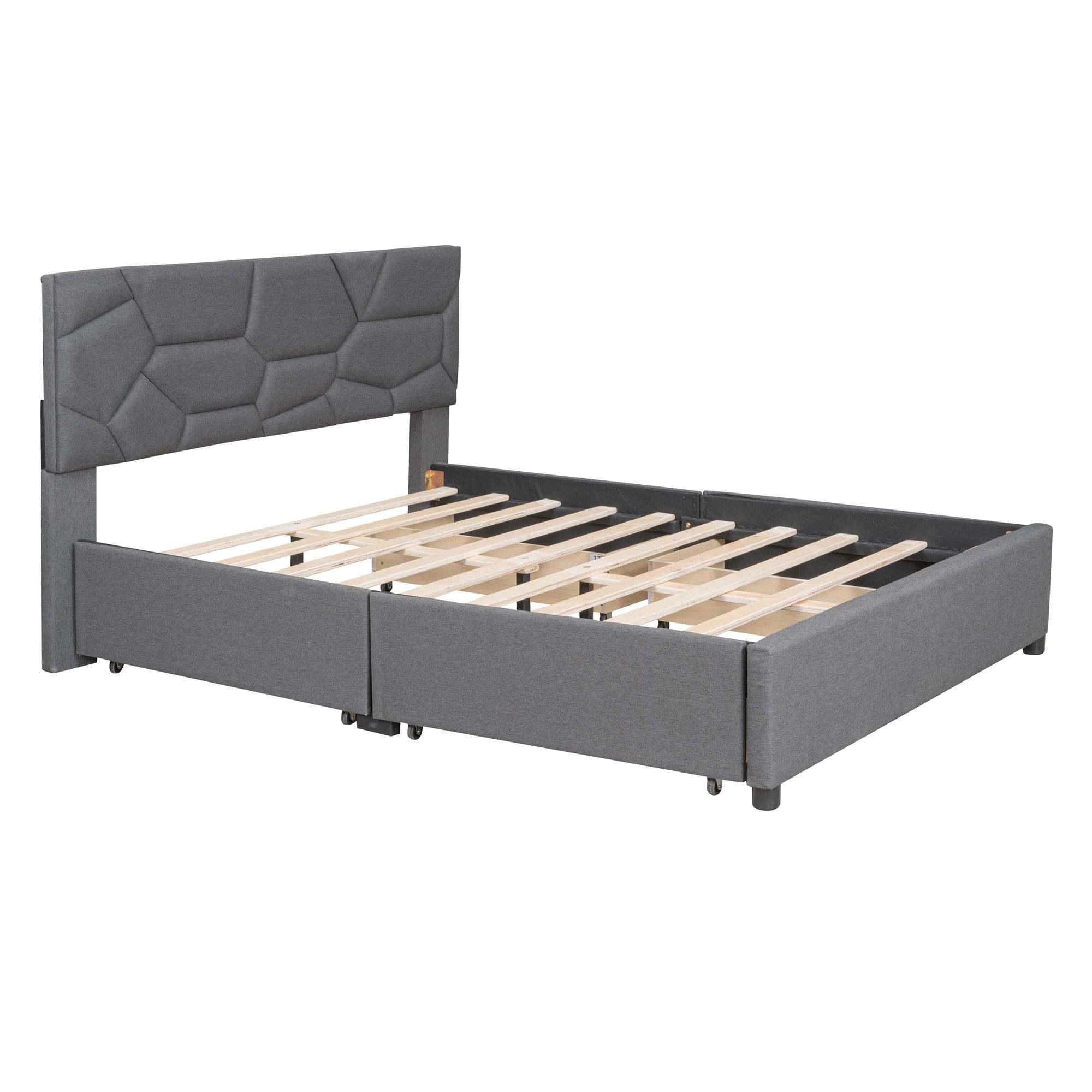 Full Size Upholstered Platform Bed with Brick Pattern Heardboard and 4 Drawers, Linen Fabric, Gray