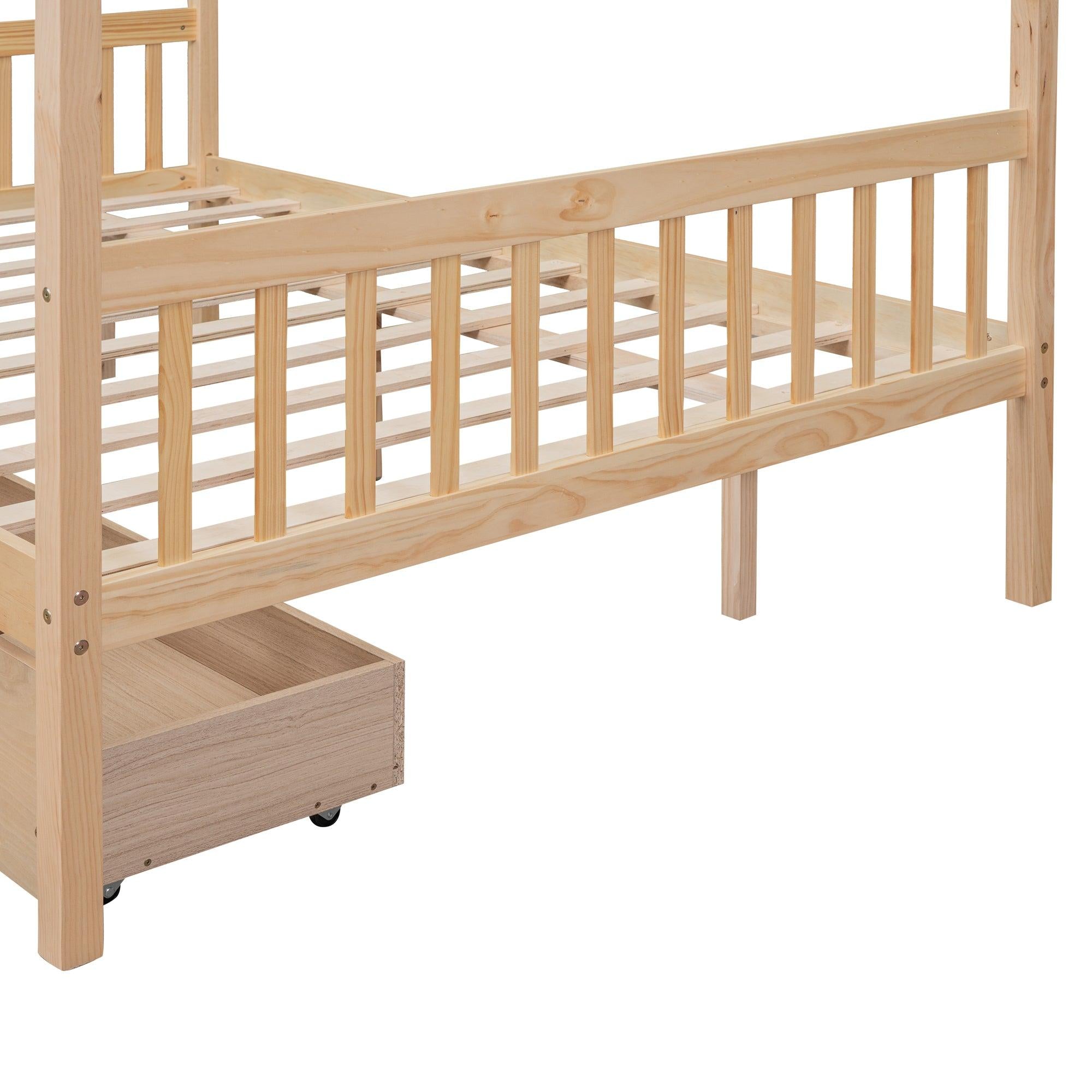 Full Size Wooden House Bed with Drawers, Natural