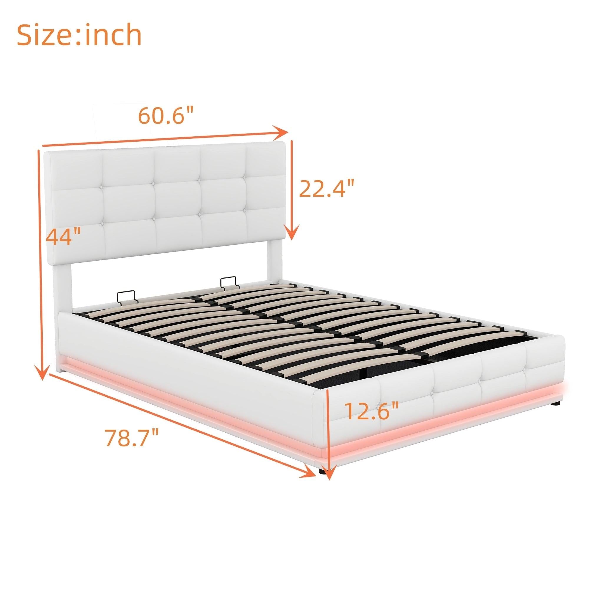 Full Size Tufted Upholstered Platform Bed with HydraulicStorage System,PUStorage Bed with LED Lights and USB charger, White