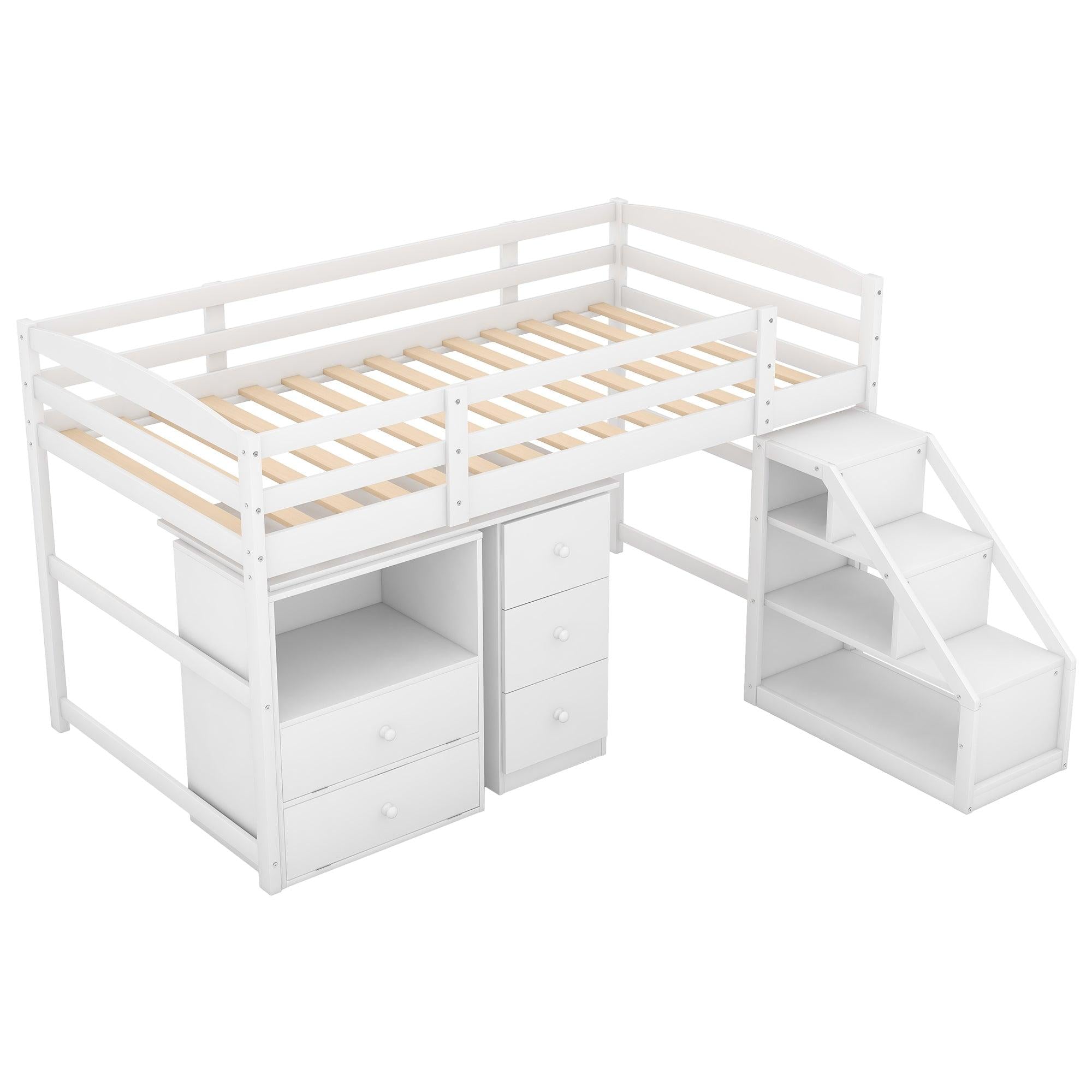 Twin Size Loft Bed with Multifunctional Movable Built-in Desk and and Staircase,White