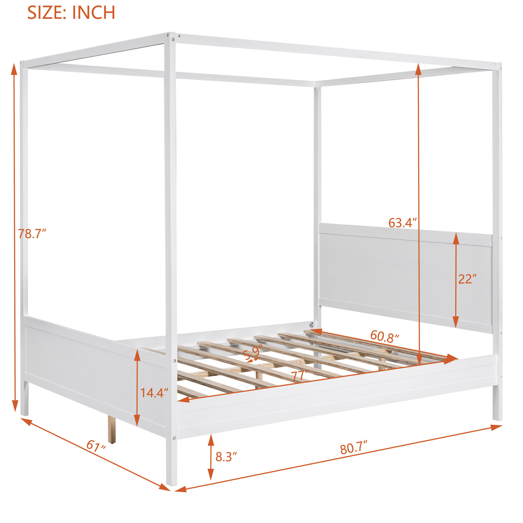 Queen Size Canopy Platform Bed with Headboard and Footboard,Slat Support Leg - White