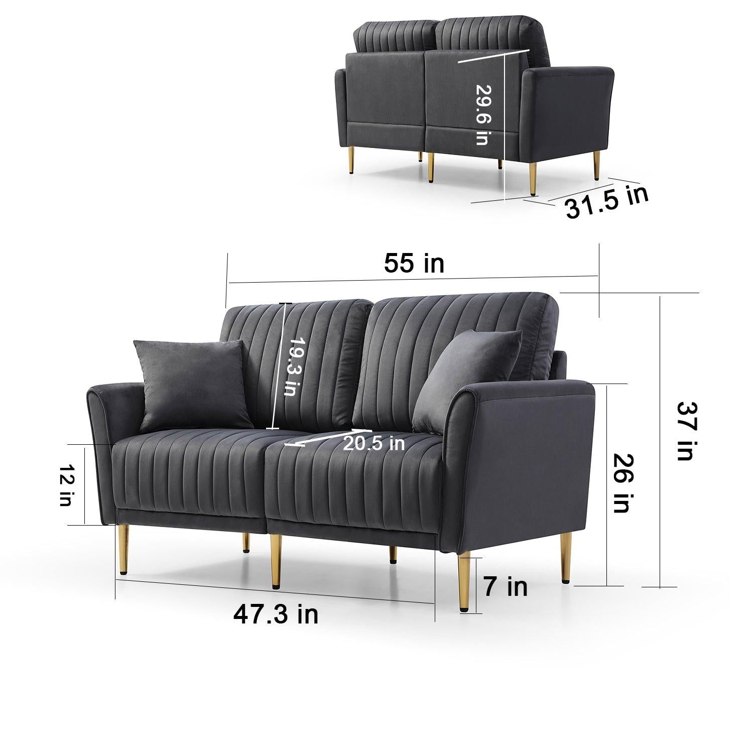 Charcoal Grey 2 Seat Round Arm with Channel Tufted Loveseat Sofa