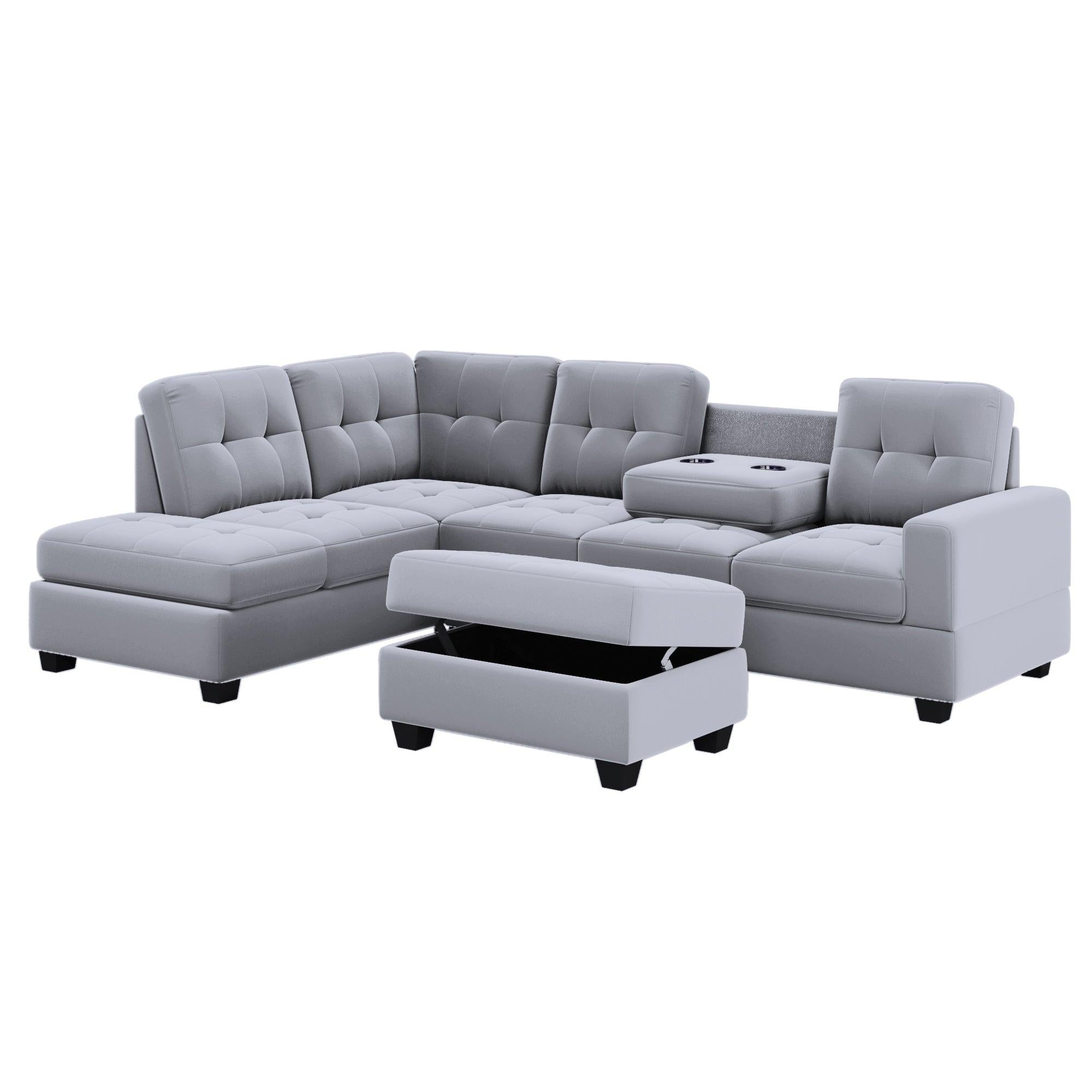 Sectional Sofa with Reversible Chaise Lounge, L-Shaped Couch withStorage Ottoman and Cup Holders image