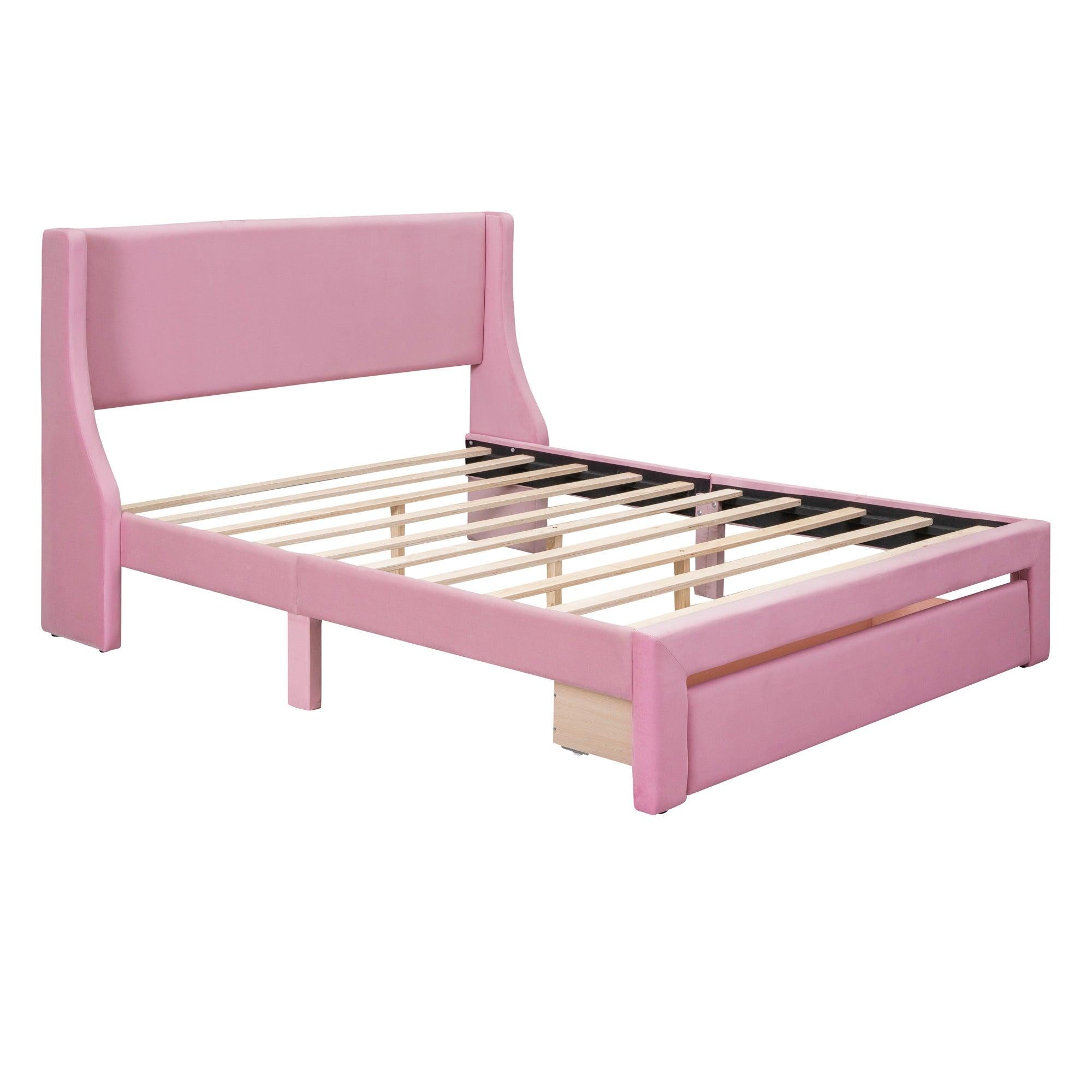 Queen SizeStorage Bed Velvet Upholstered Platform Bed with a Big Drawer - Pink