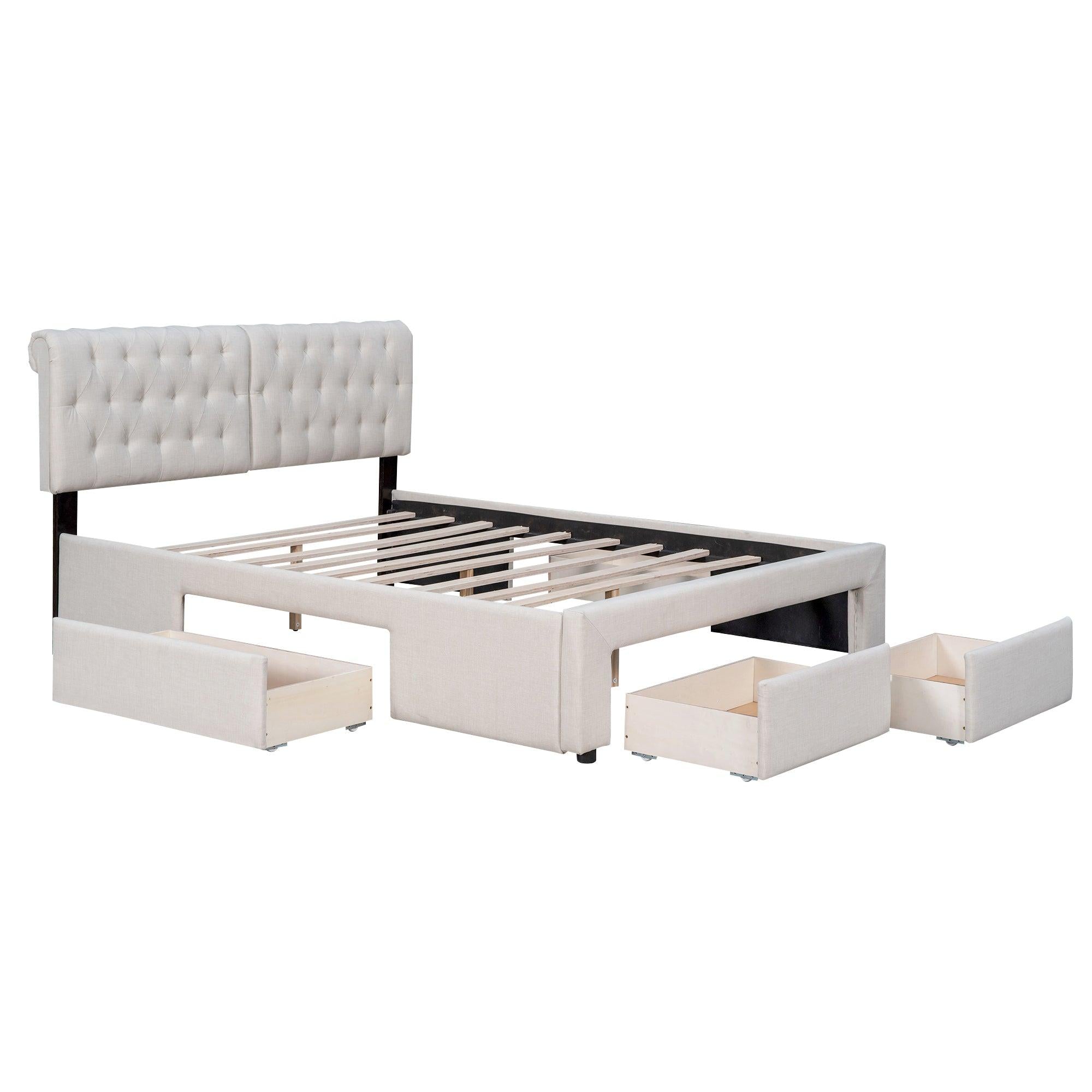 Queen Size Upholstery Platform Bed with Four Drawers,Beige