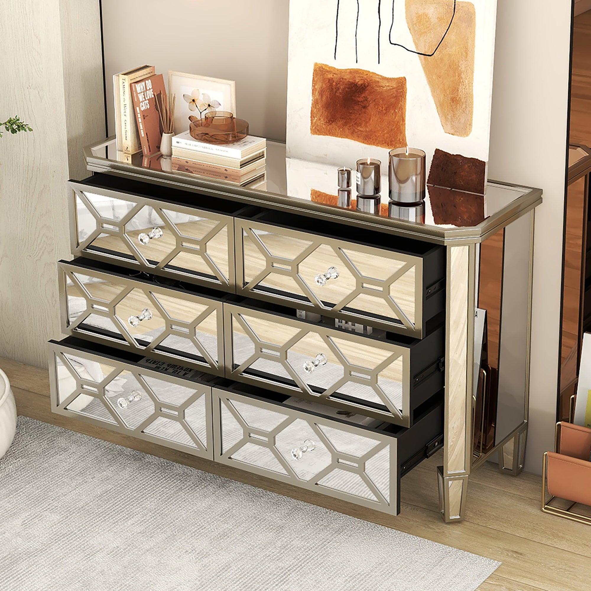 Elegant Mirrored 6-Drawer Dresser with Golden LinesStorage Cabinet for Living Room, Hallway, Entryway