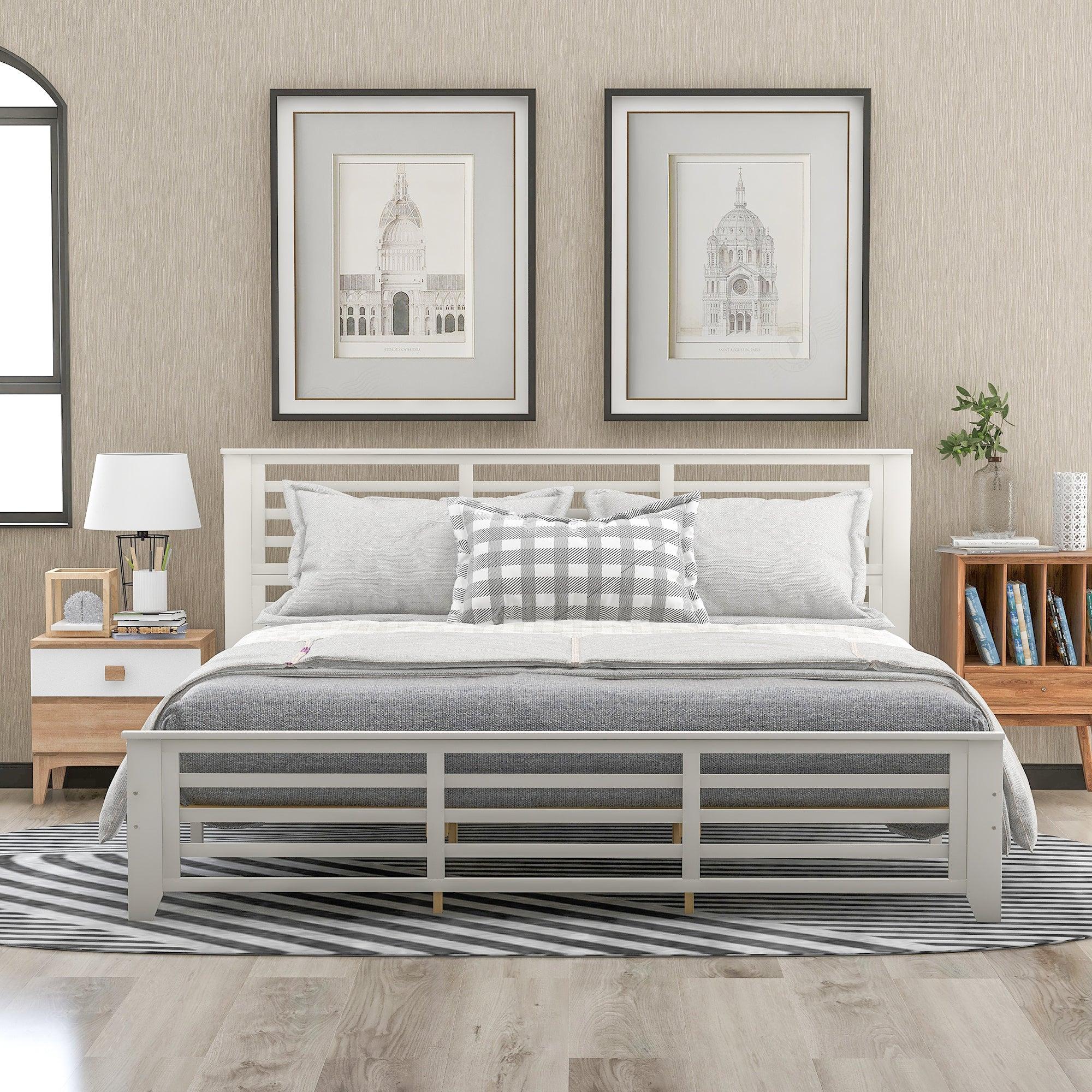 Platform bed with horizontal strip hollow shape, King size, white