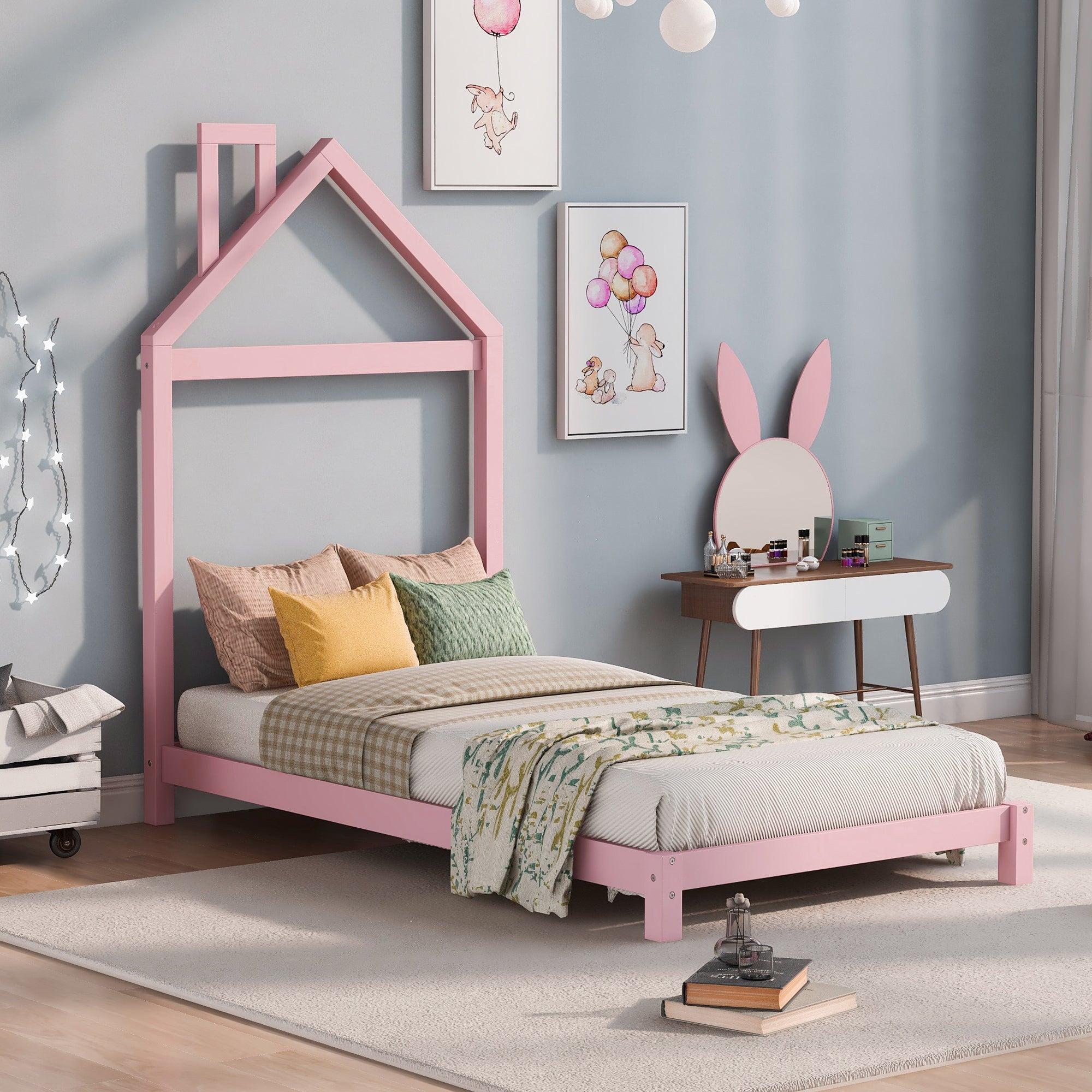 Twin Size Wood Platform Bed with House-shaped Headboard  (Pink) image